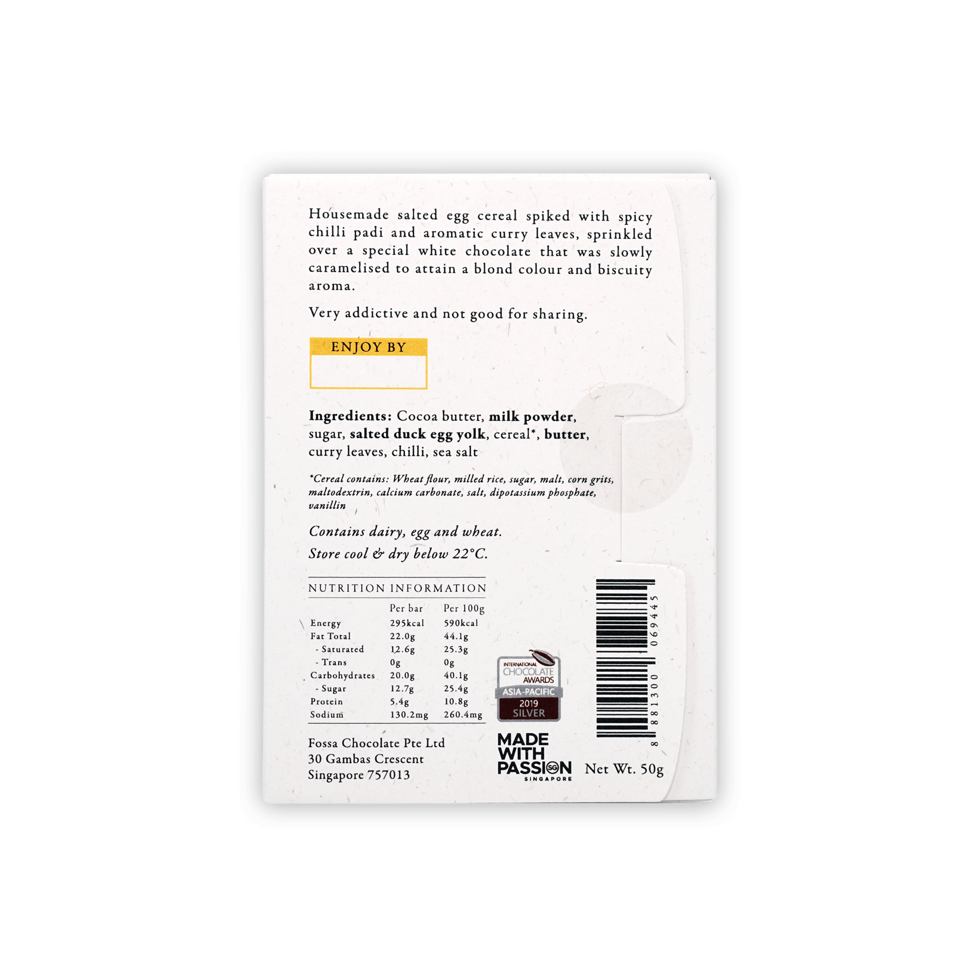 Back of Fossa Milk Chocolate Salted Egg Cereal Blond bar package with barcode