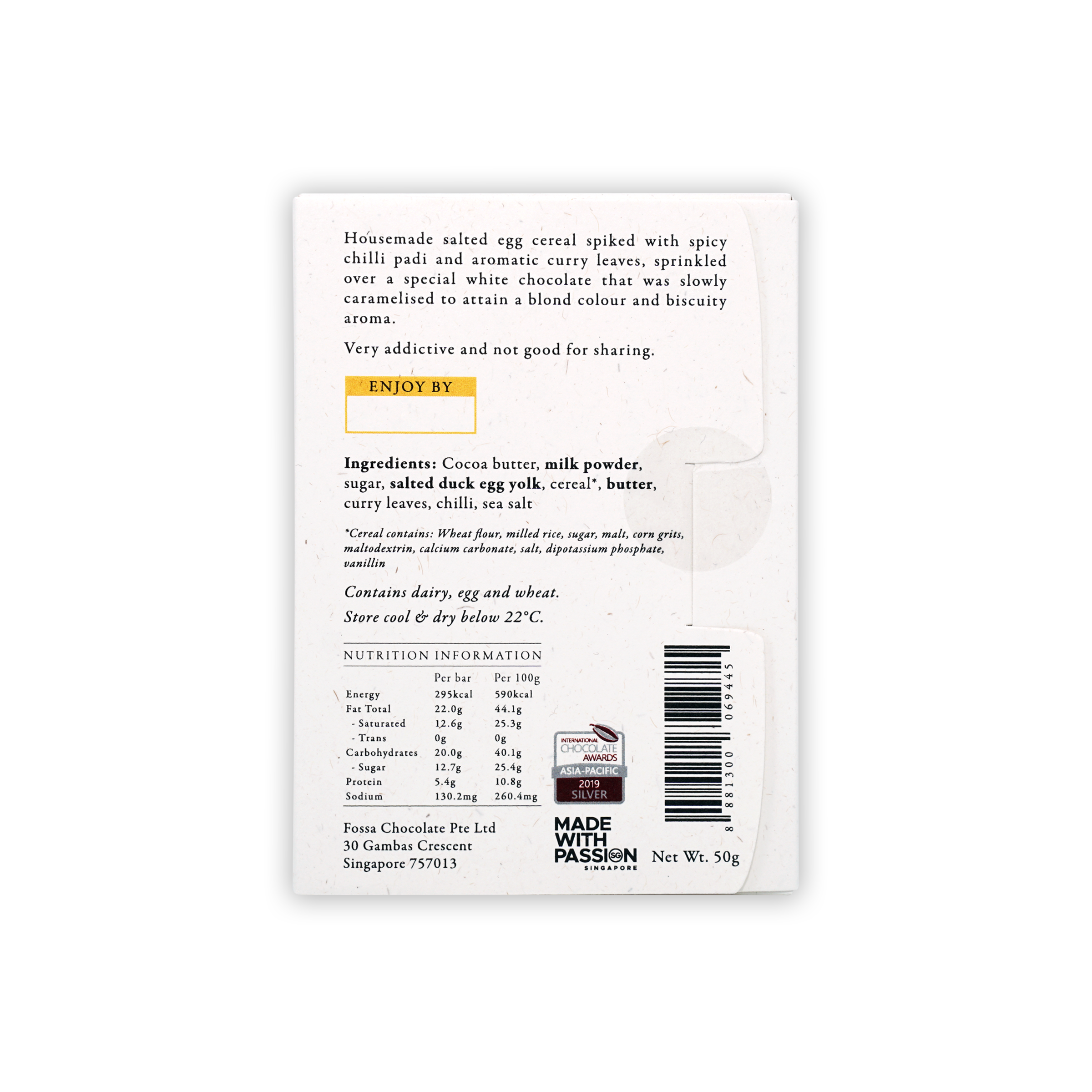 Back of Fossa Milk Chocolate Salted Egg Cereal Blond bar package with barcode