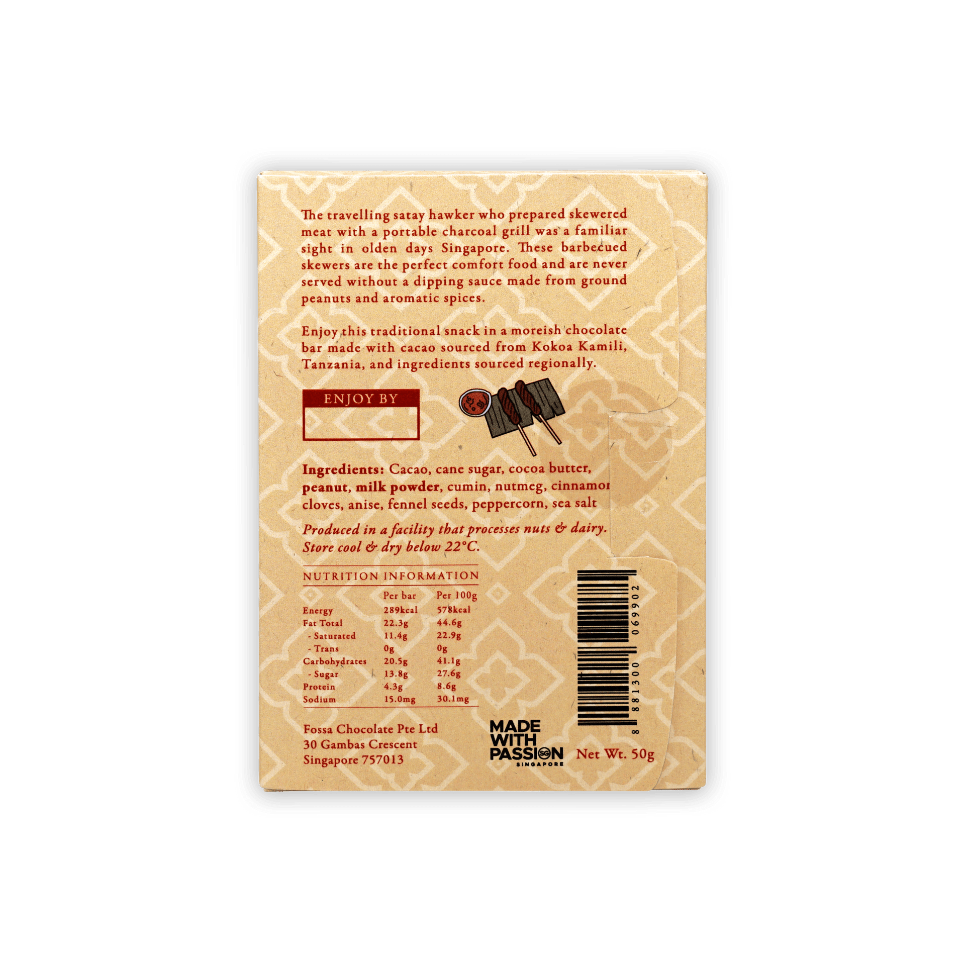 Back of Fossa Milk Chocolate Satay Sauce 48% wrapper with beige design, red text, barcode, ingredients and nutrition info