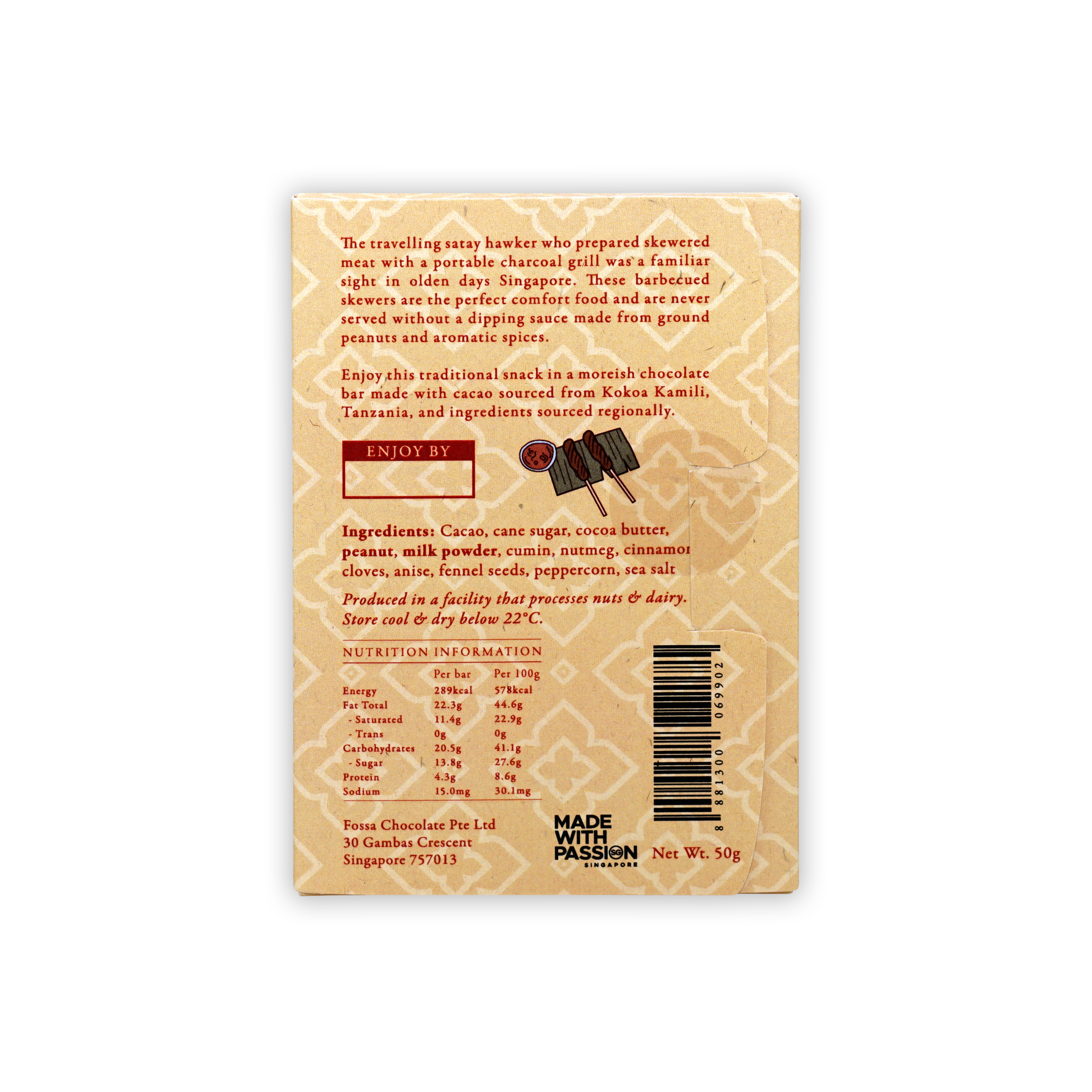 Back of Fossa Milk Chocolate Satay Sauce 48% wrapper with beige design, red text, barcode, ingredients and nutrition info