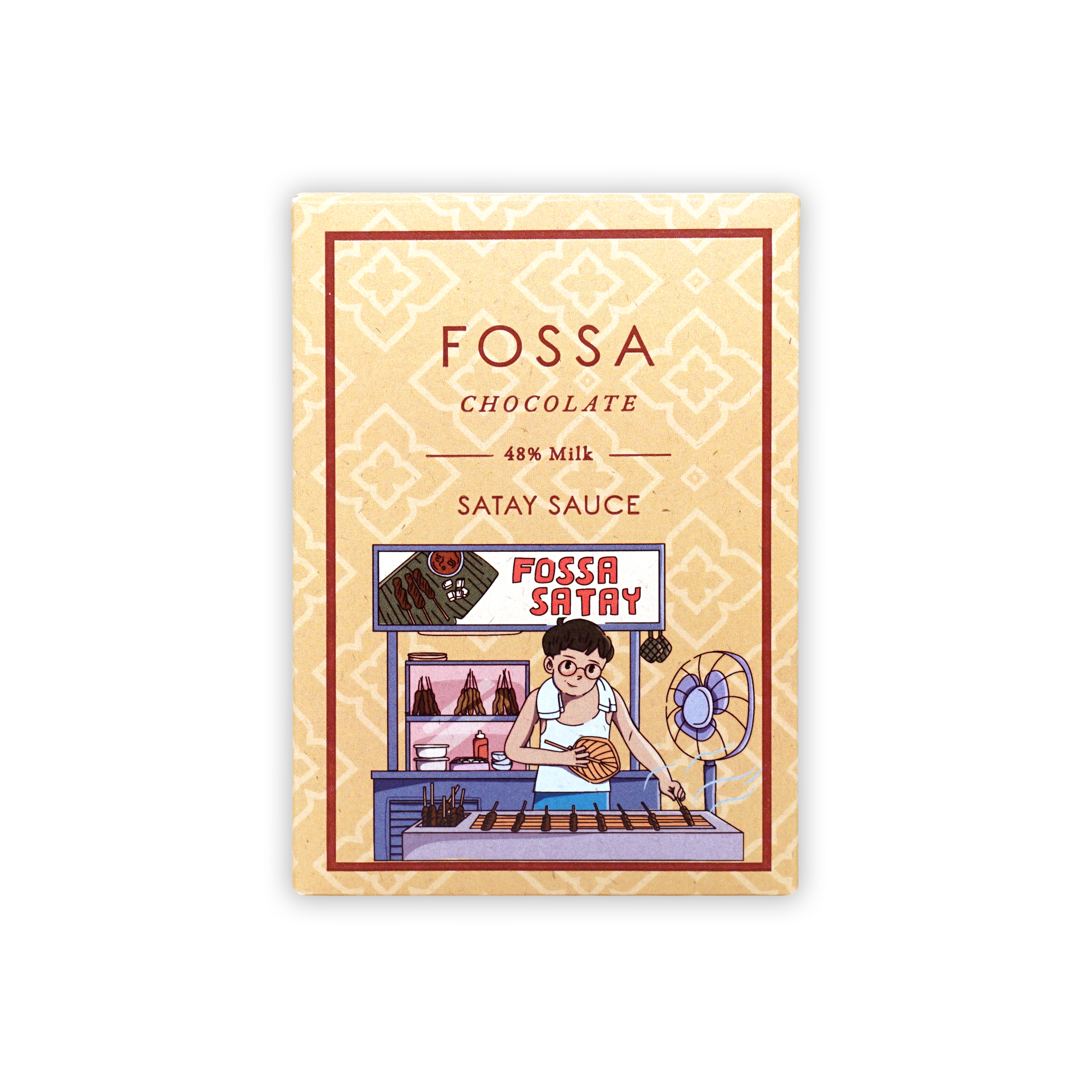 Fossa 48% milk chocolate satay sauce bar in beige vendor wrapper