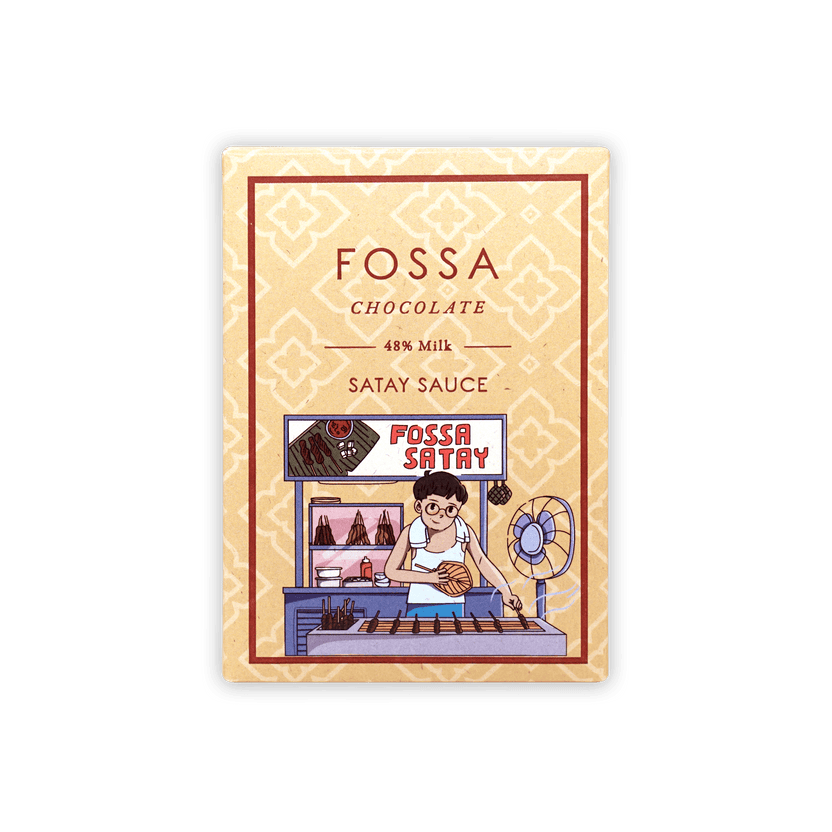 Fossa 48% milk chocolate satay sauce bar in beige vendor wrapper
