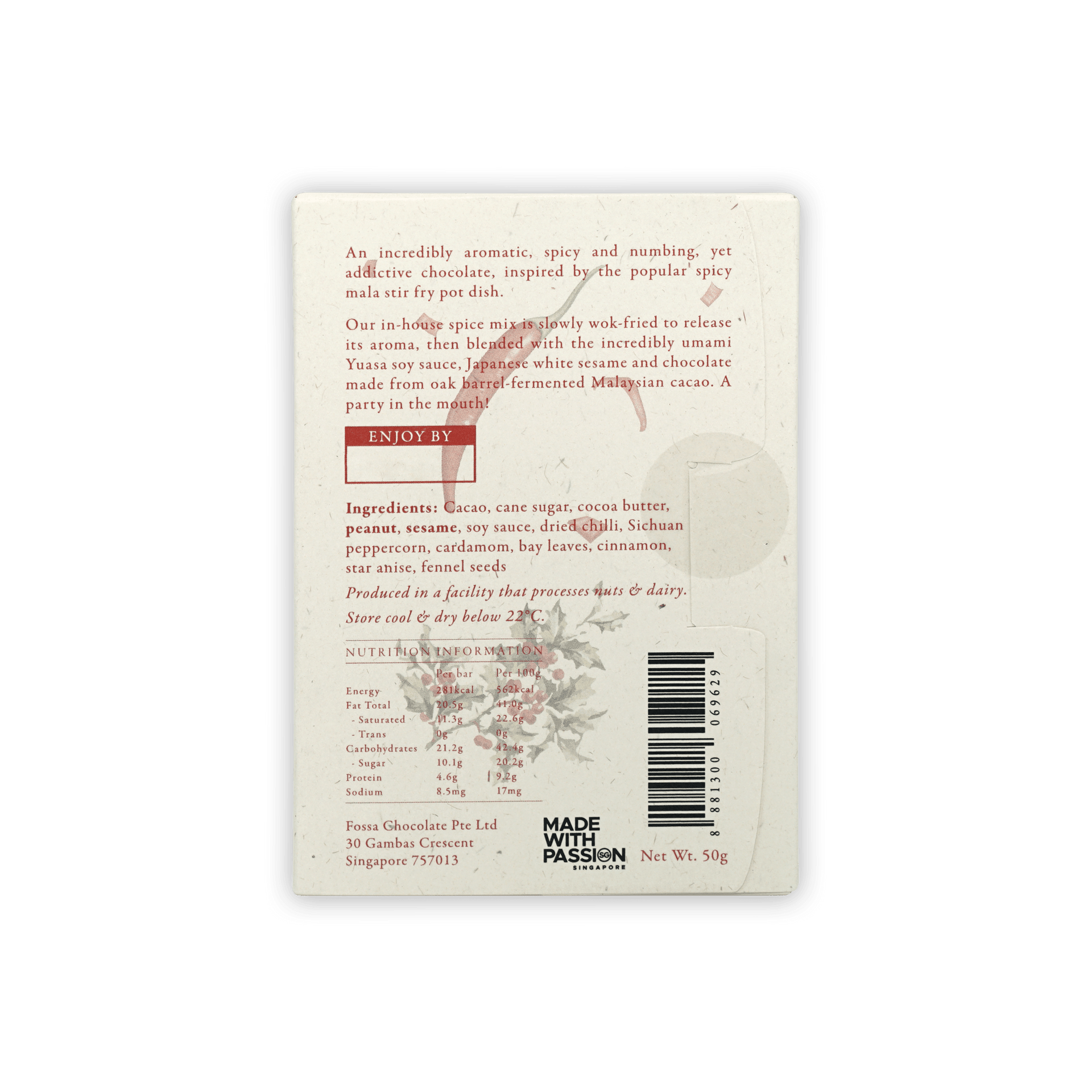 Fossa Dark Chocolate Spicy Mala 65% wrapper with cacao, soy sauce, chili, barcode