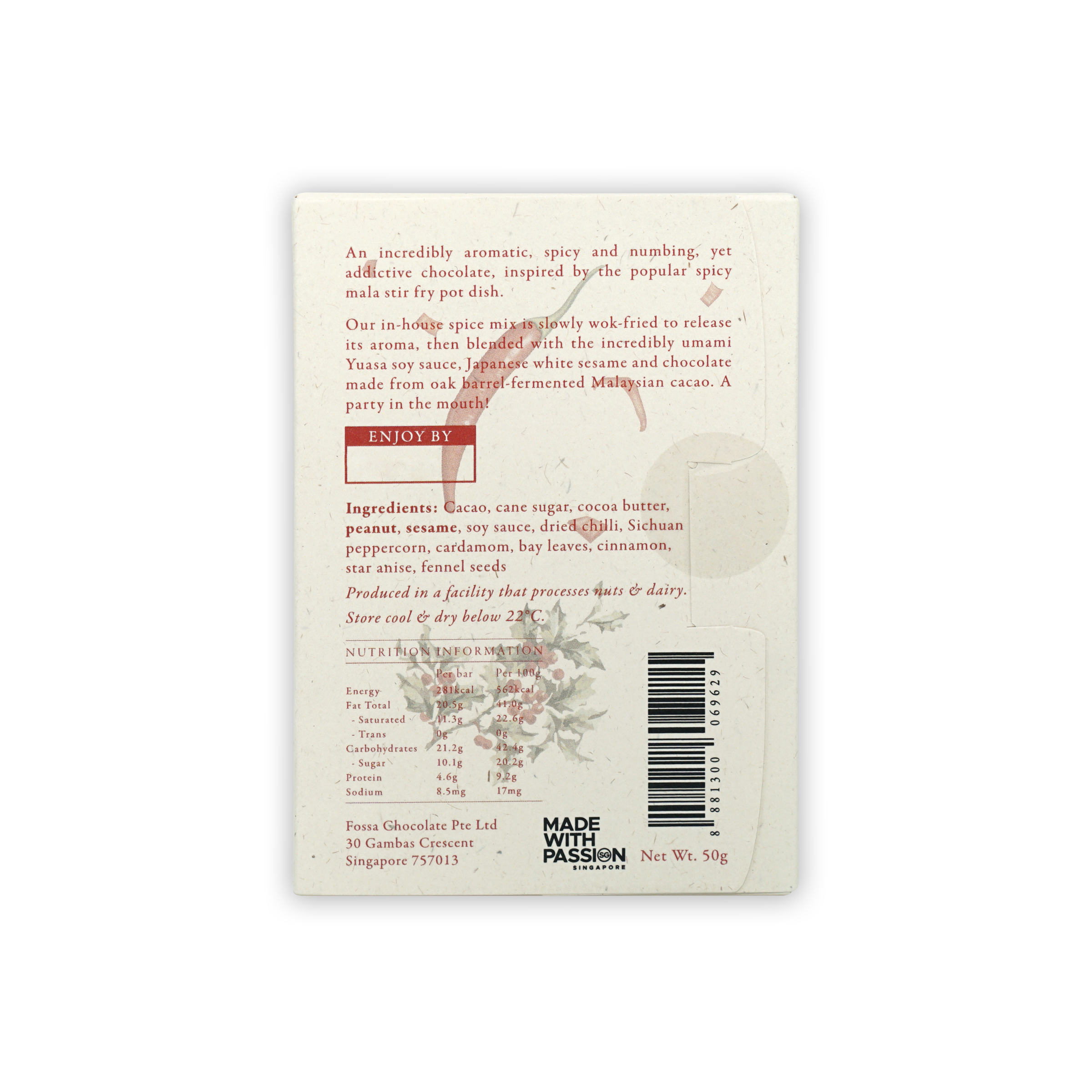 Fossa Dark Chocolate Spicy Mala 65% wrapper with cacao, soy sauce, chili, barcode