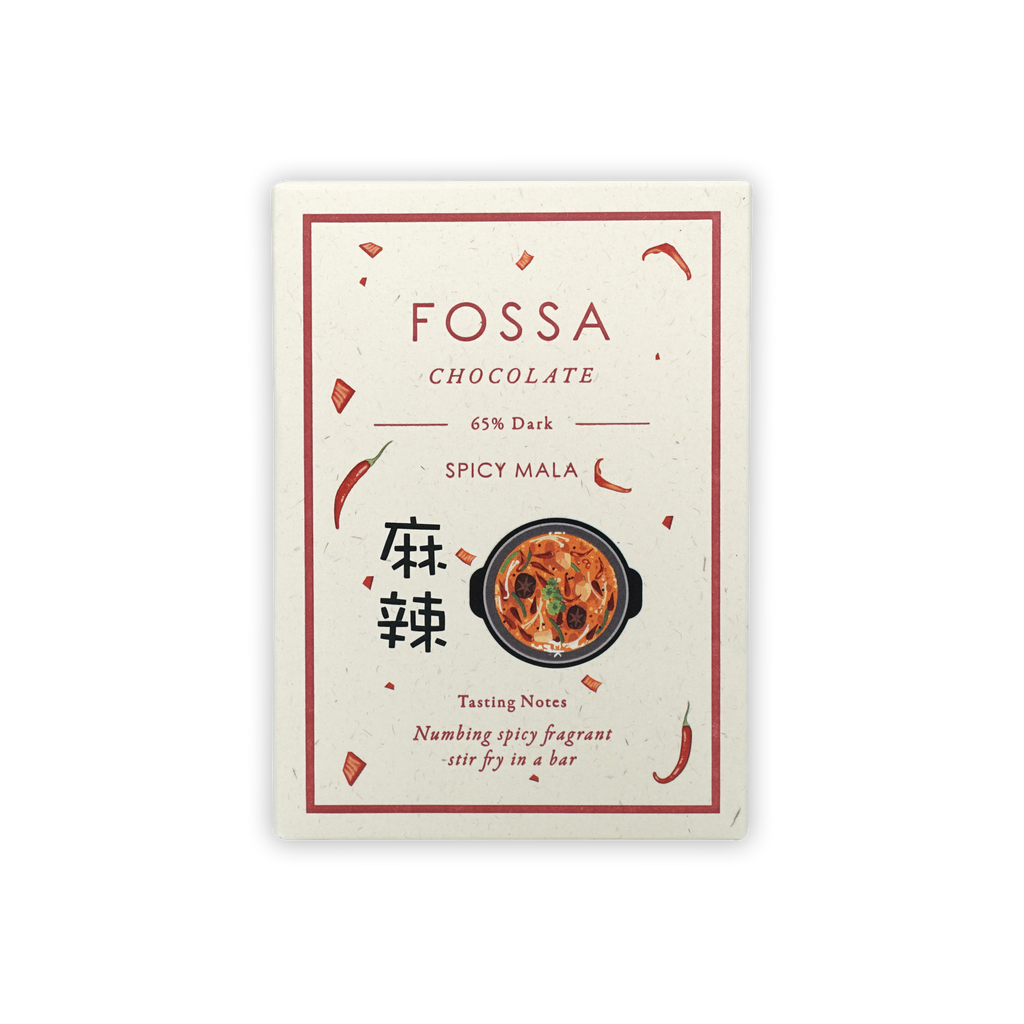 Fossa Dark Chocolate Spicy Mala 65% bar with white red-accented wrapper