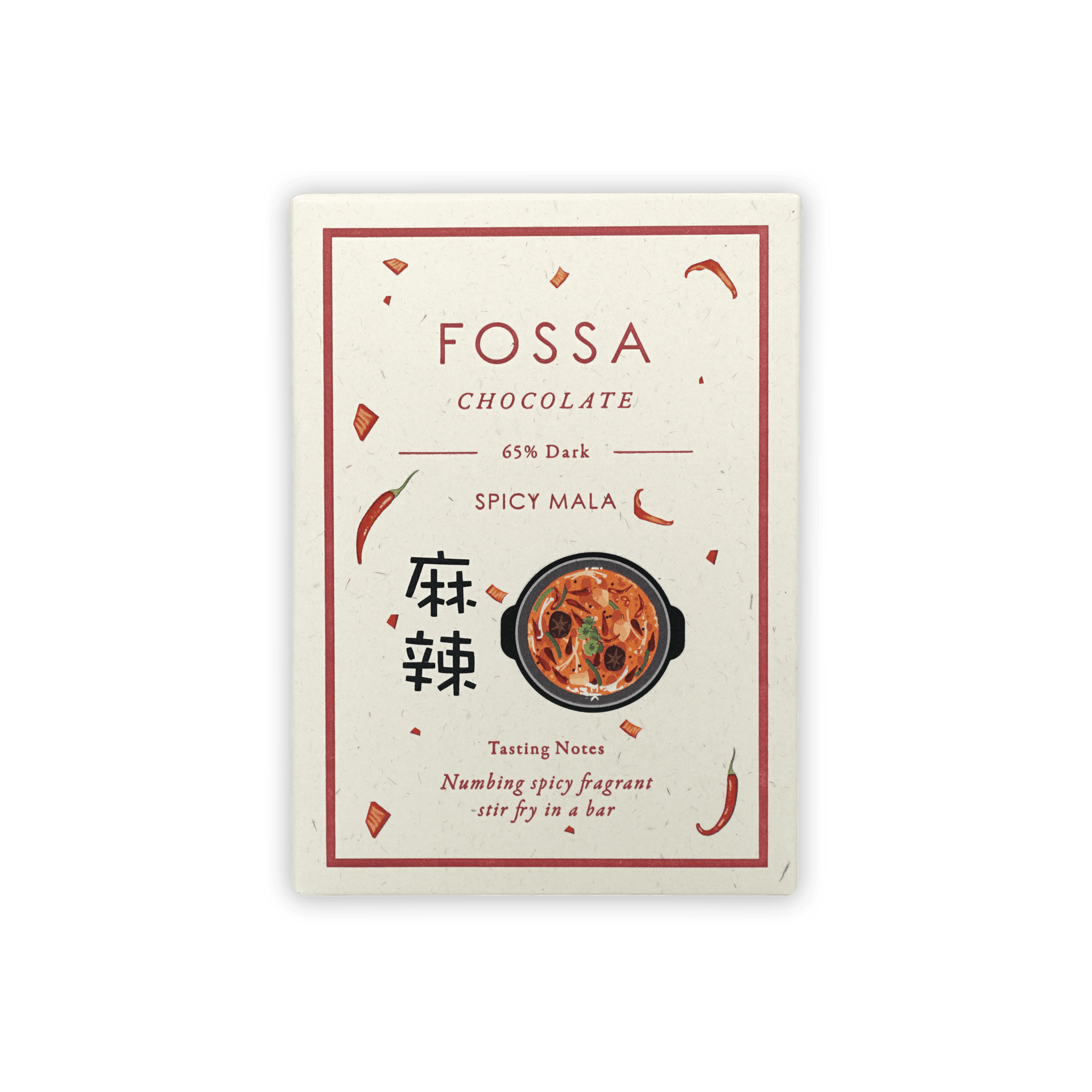 Fossa Dark Chocolate Spicy Mala 65% bar with white red-accented wrapper