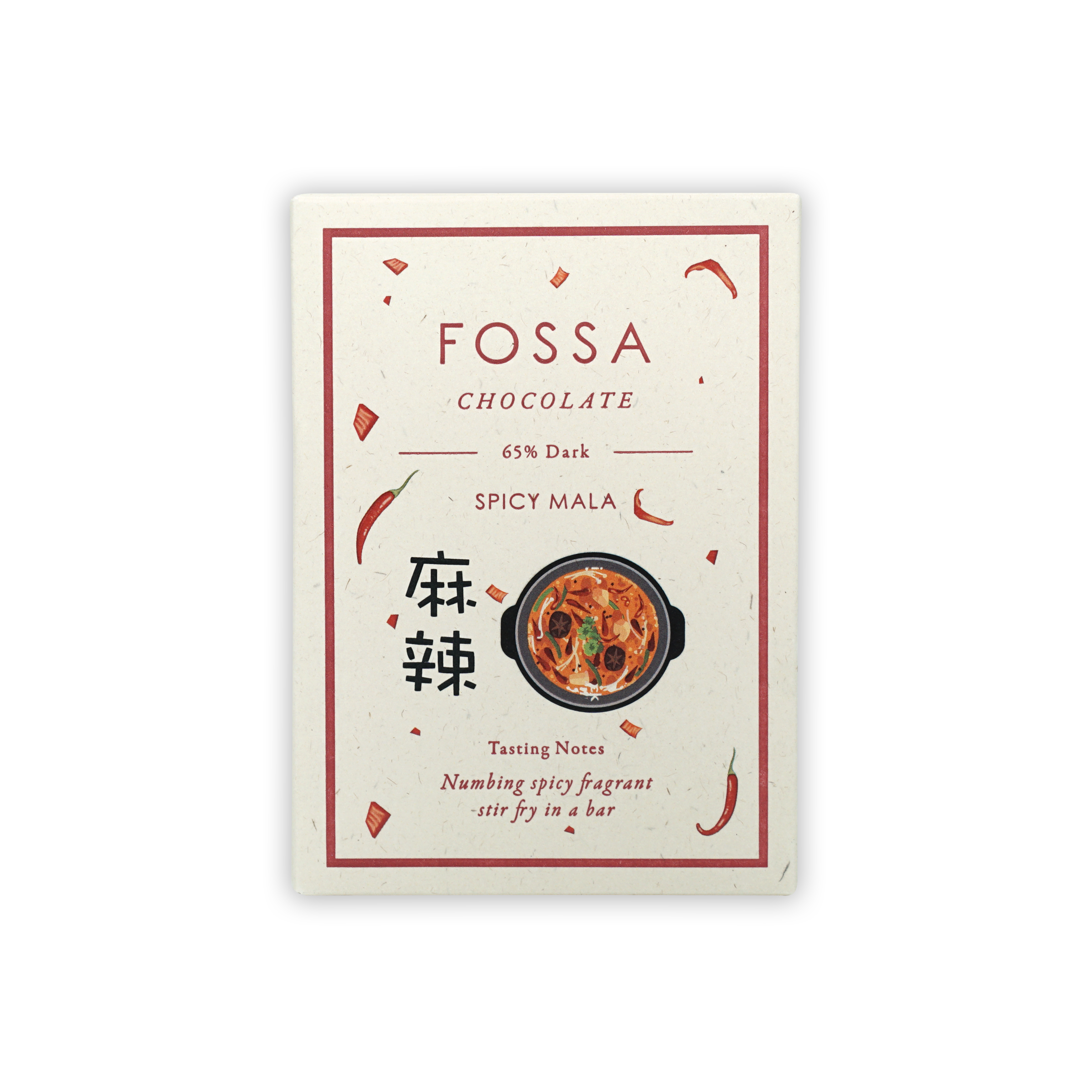 Fossa Dark Chocolate Spicy Mala 65% bar with white red-accented wrapper