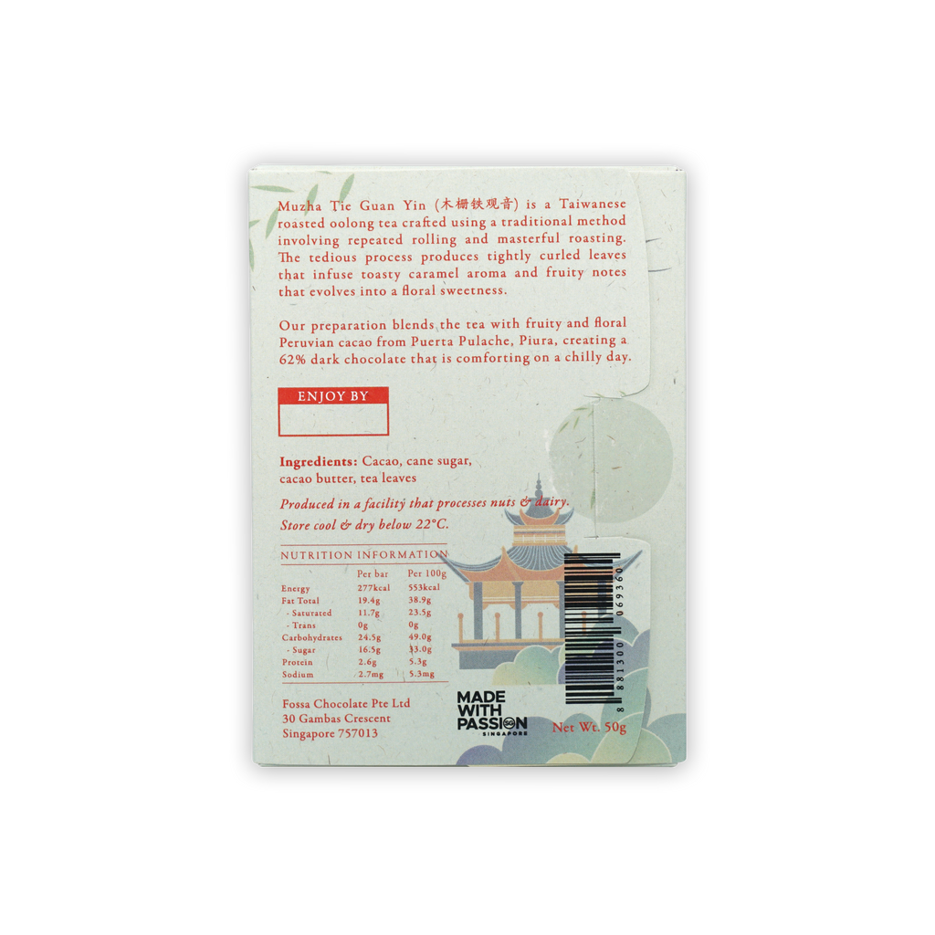Fossa Dark Chocolate Tie Guan Yin Tea 62% 50g bar with white wrapper