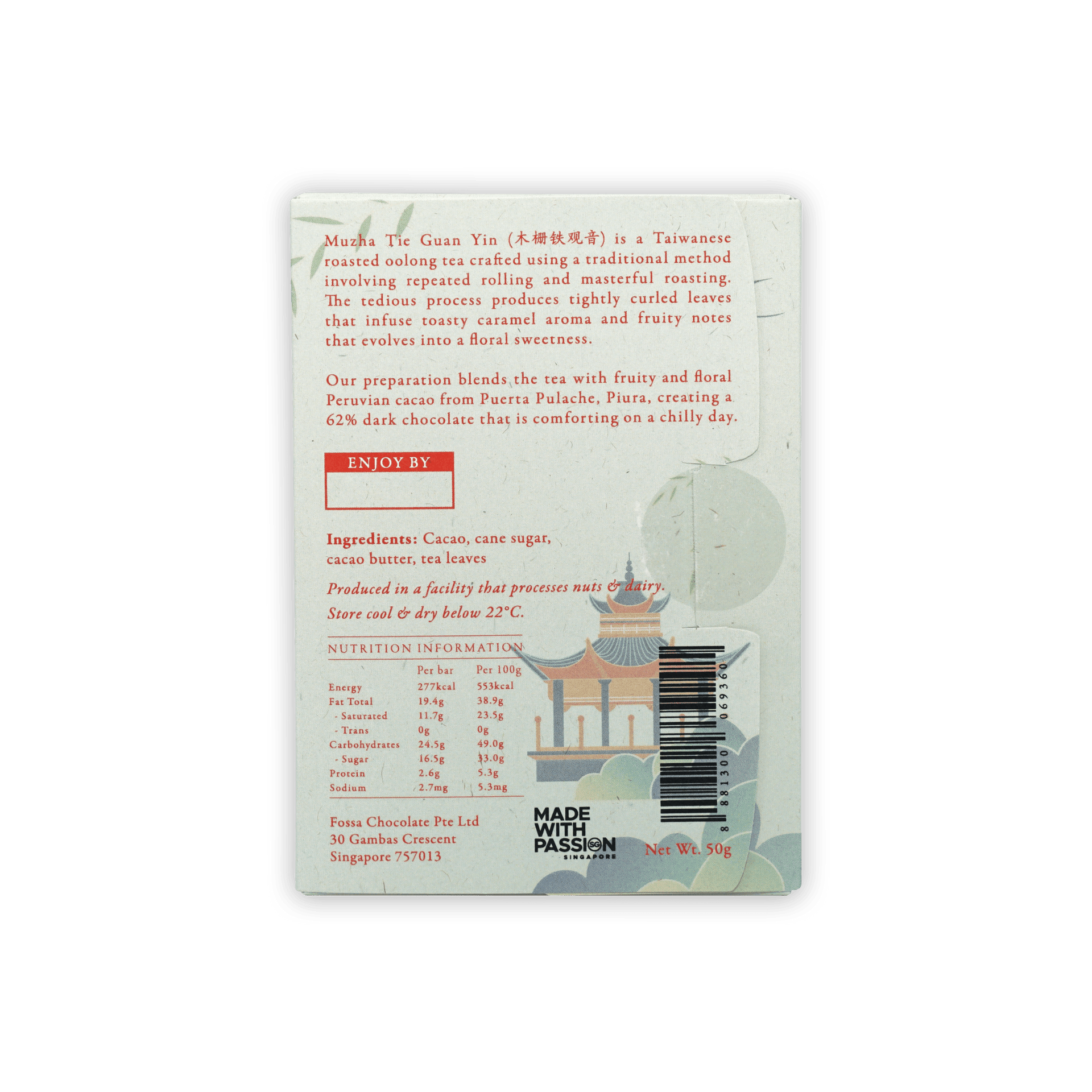 Fossa Dark Chocolate Tie Guan Yin Tea 62% 50g bar with white wrapper