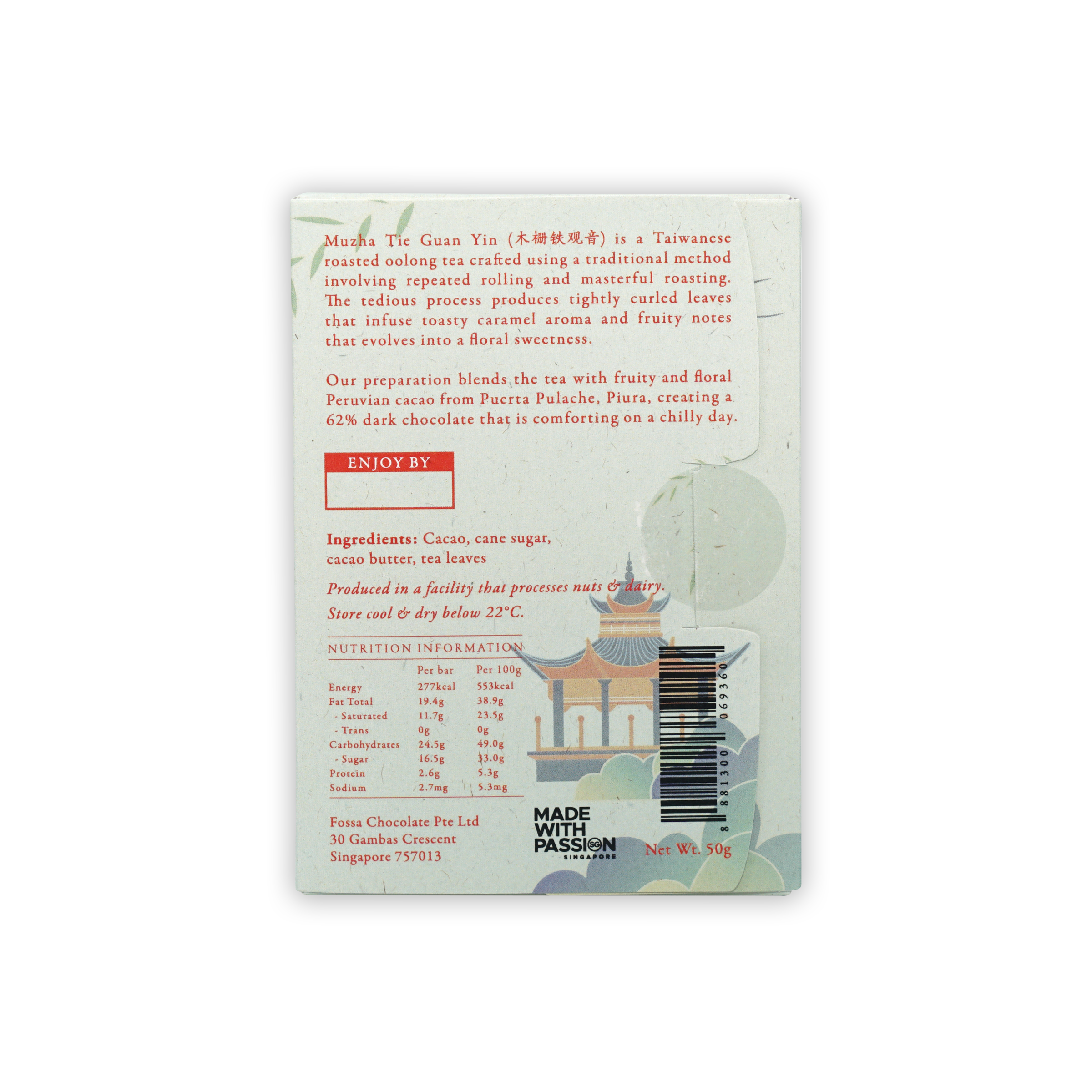 Fossa Dark Chocolate Tie Guan Yin Tea 62% 50g bar with white wrapper
