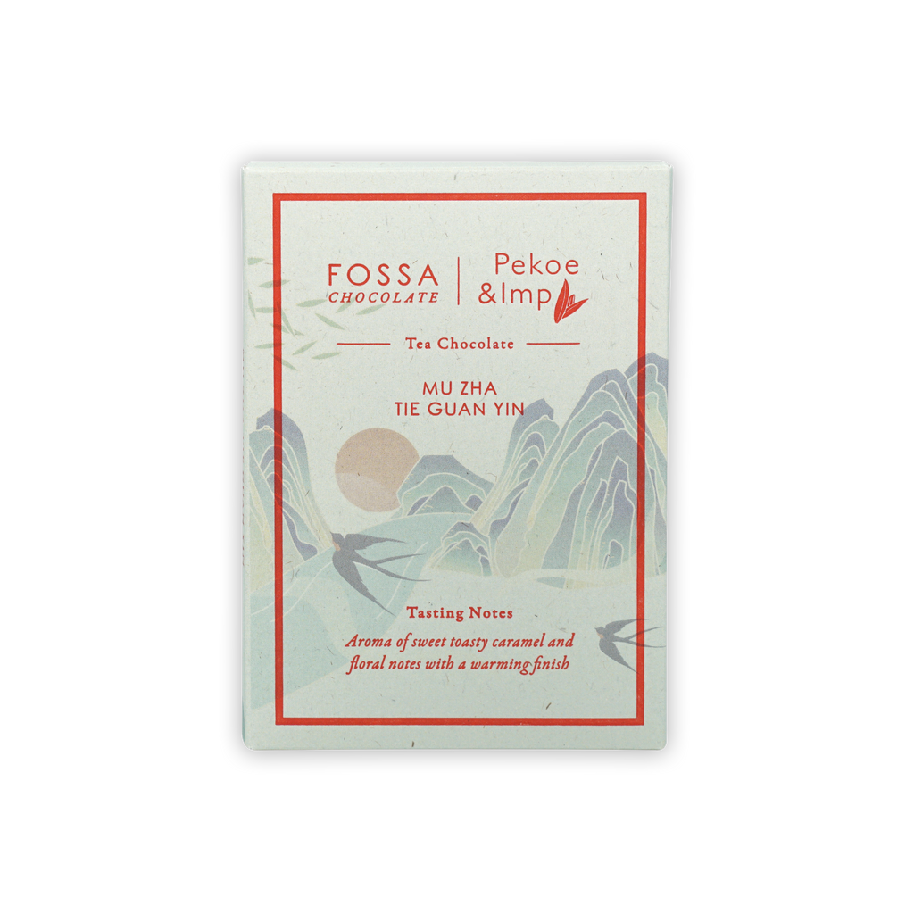 Fossa white rectangular chocolate box with red border, pekoe and imp tea landscape
