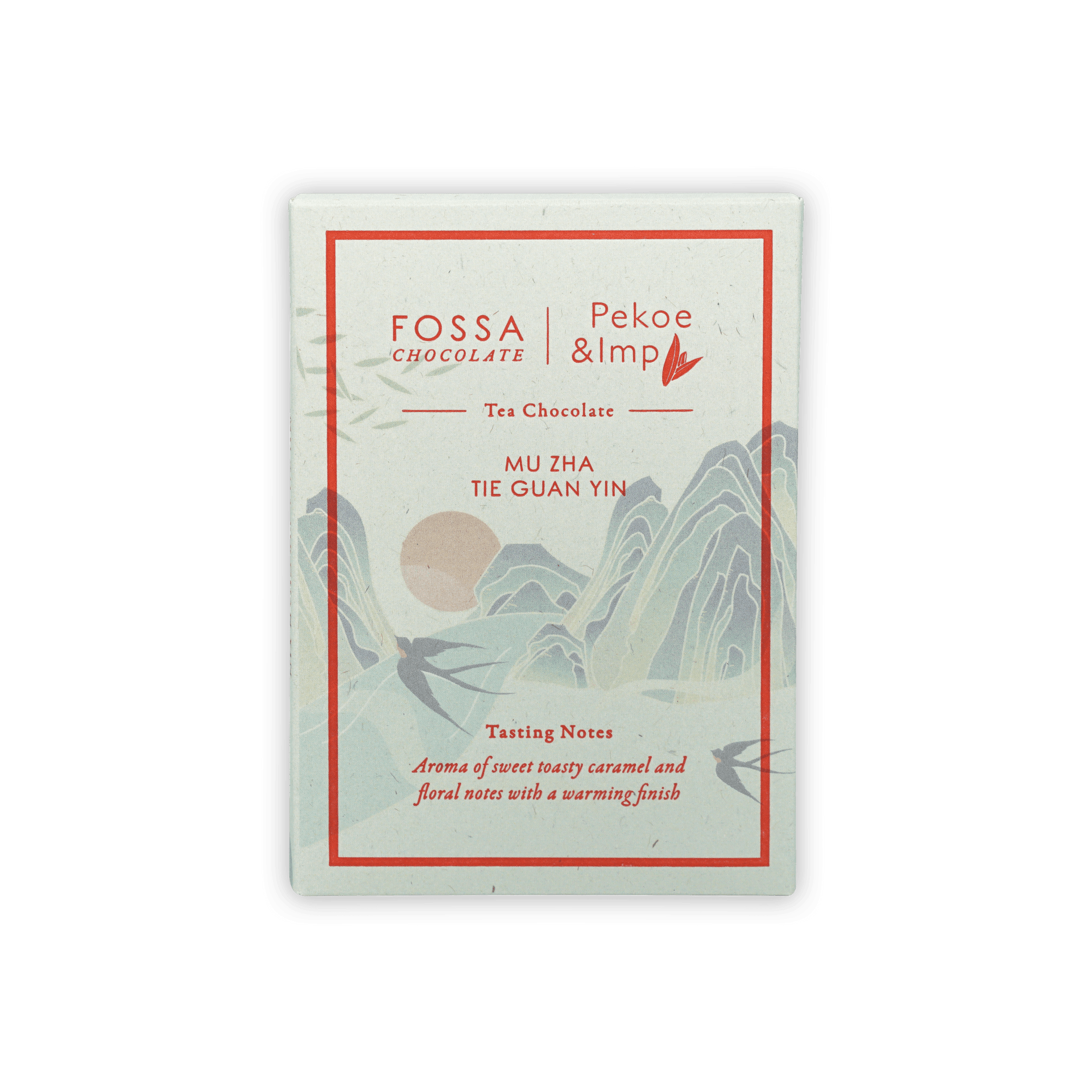 Fossa white rectangular chocolate box with red border, pekoe and imp tea landscape