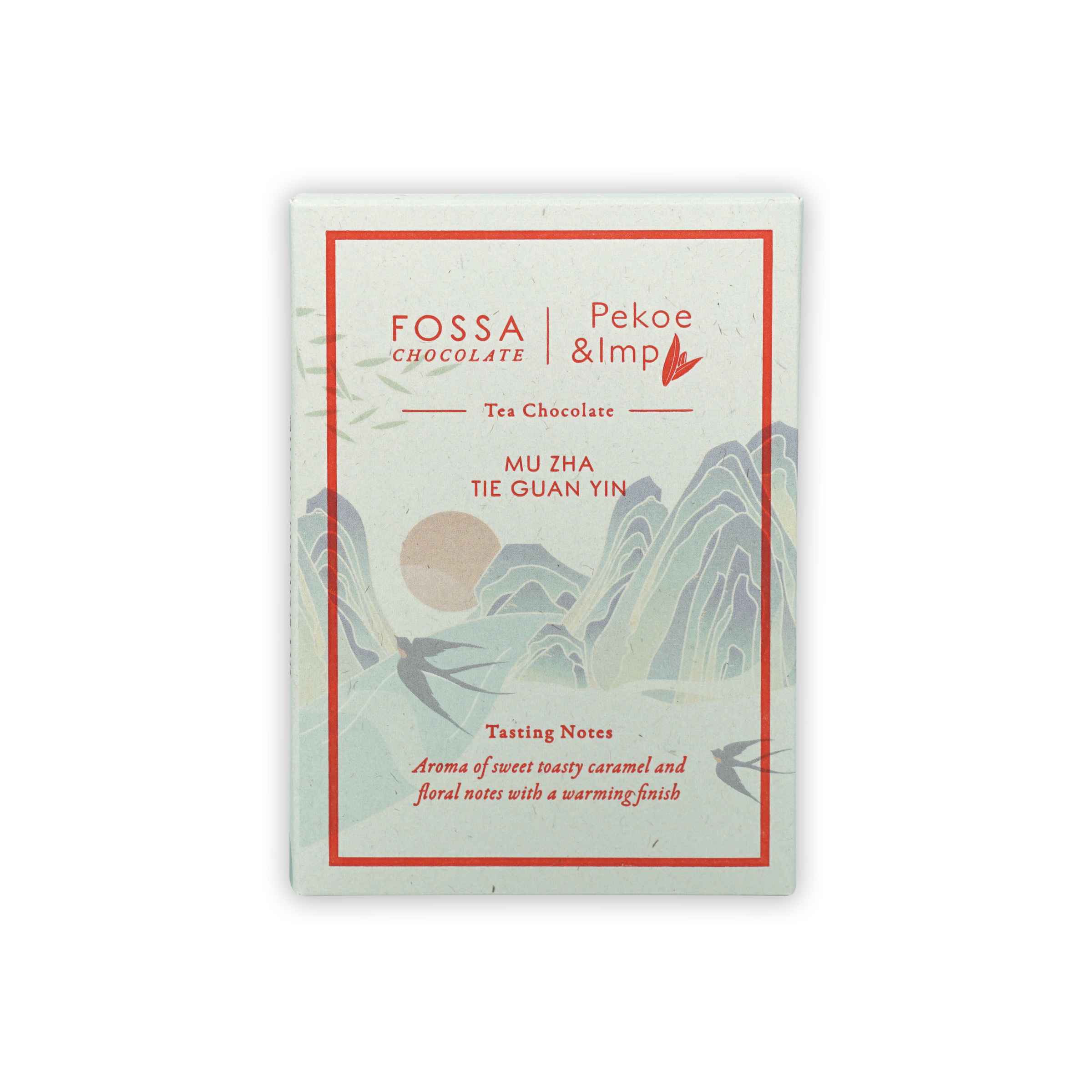 Fossa white rectangular chocolate box with red border, pekoe and imp tea landscape