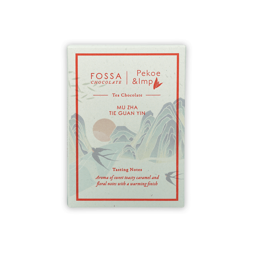 Fossa white rectangular chocolate box with red border, pekoe and imp tea landscape