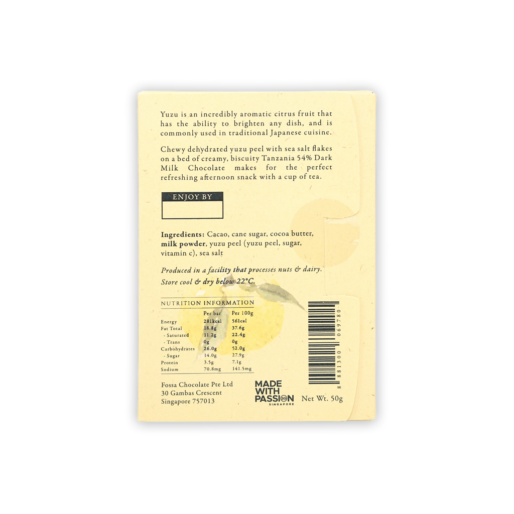 Back of Fossa Dark Milk Chocolate Yuzu Sea Salt 54% wrapper by Fossa Chocolate Pte Ltd