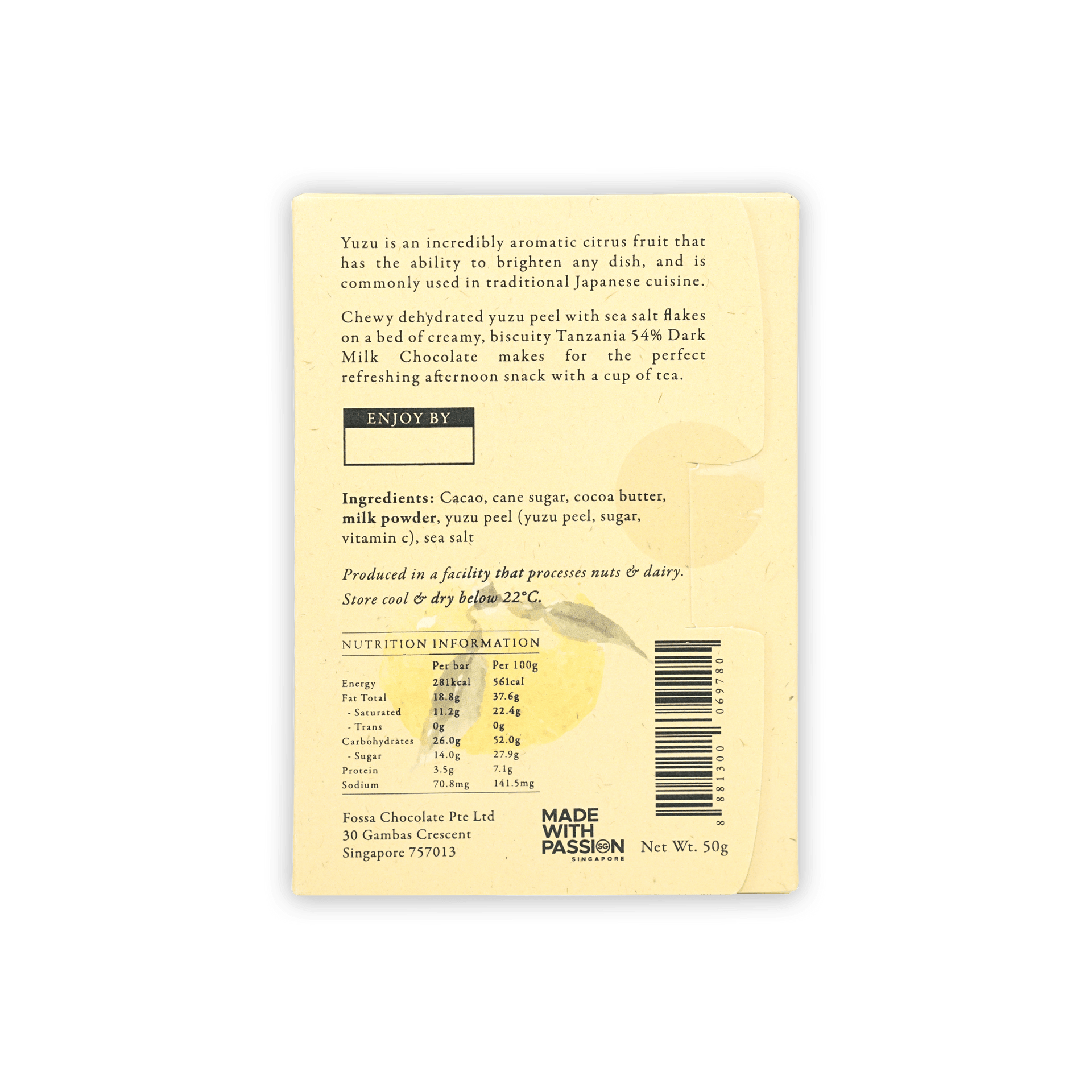 Back of Fossa Dark Milk Chocolate Yuzu Sea Salt 54% wrapper by Fossa Chocolate Pte Ltd