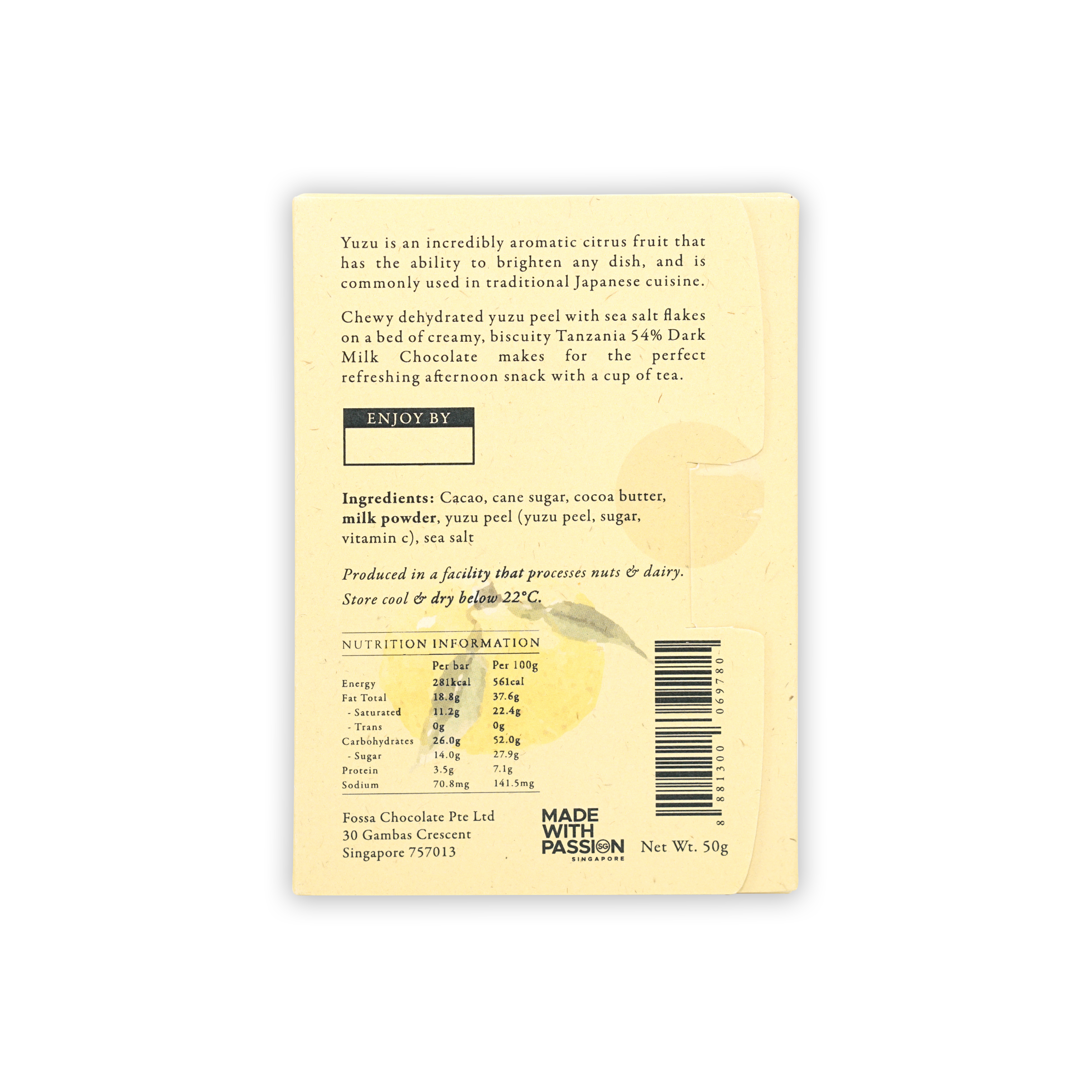 Back of Fossa Dark Milk Chocolate Yuzu Sea Salt 54% wrapper by Fossa Chocolate Pte Ltd