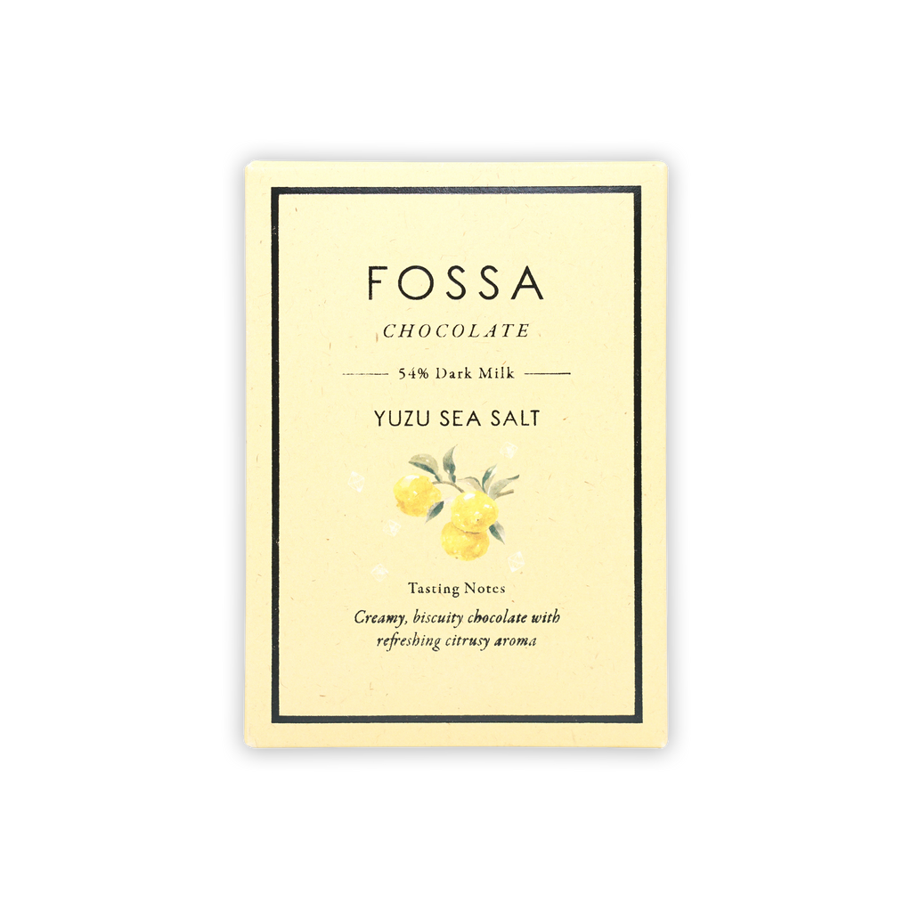 Fossa 54% dark milk yuzu sea salt bar in cream wrapper with yuzu art
