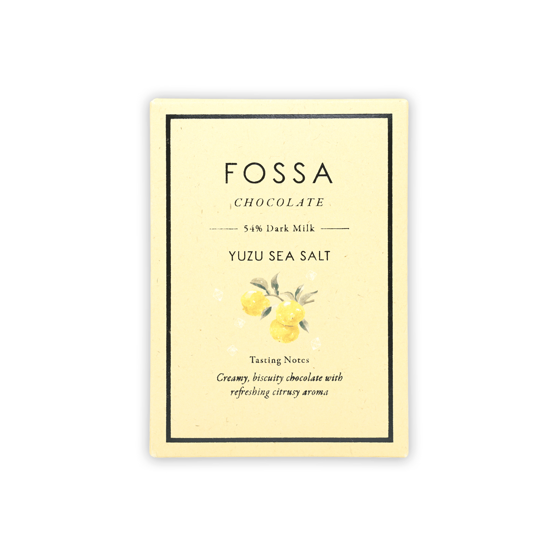 Fossa 54% dark milk yuzu sea salt bar in cream wrapper with yuzu art