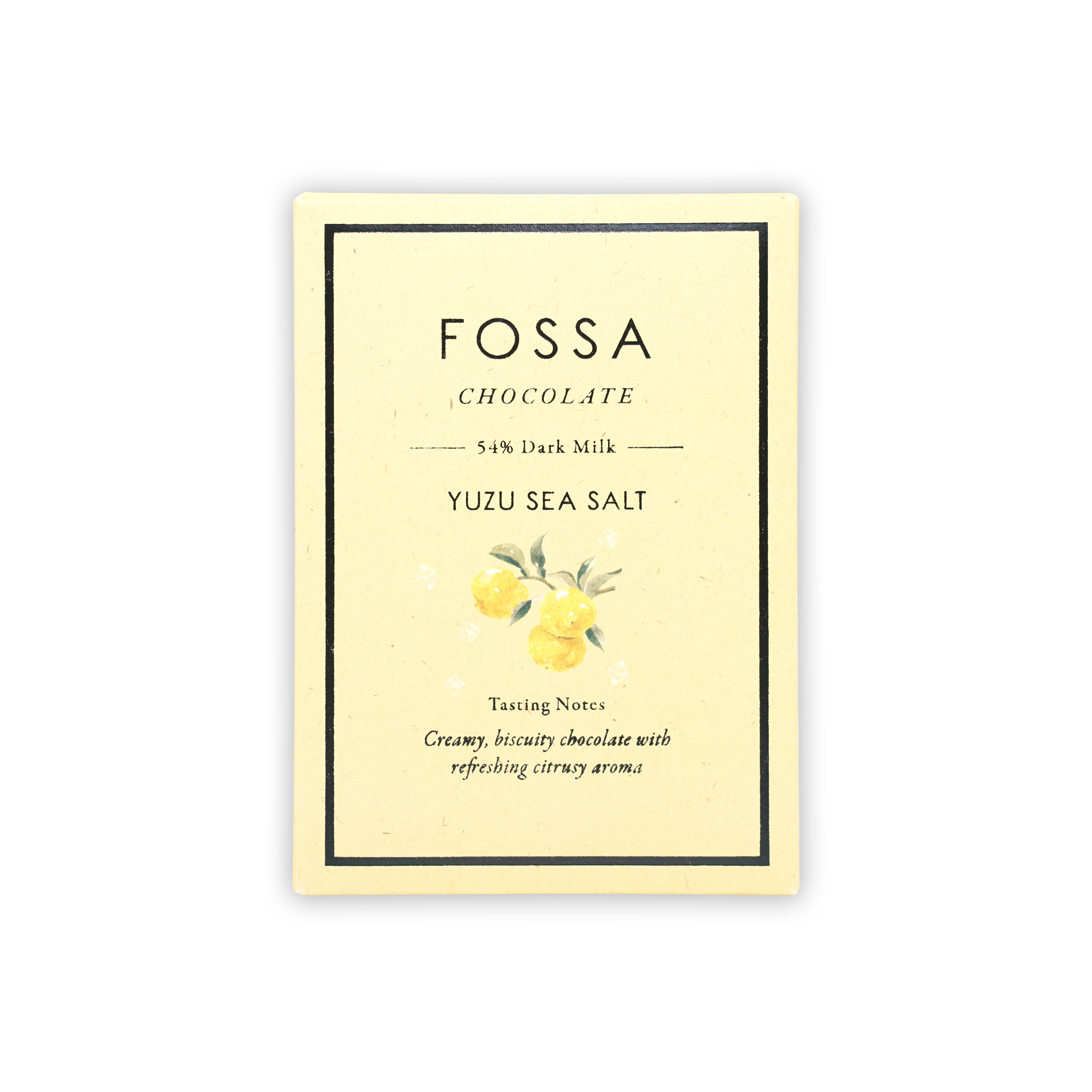 Fossa 54% dark milk yuzu sea salt bar in cream wrapper with yuzu art