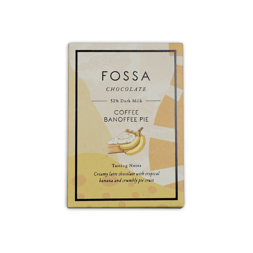 Fossa Coffee Banoffee Pie 52% dark milk bar in cream gold foil wrapper
