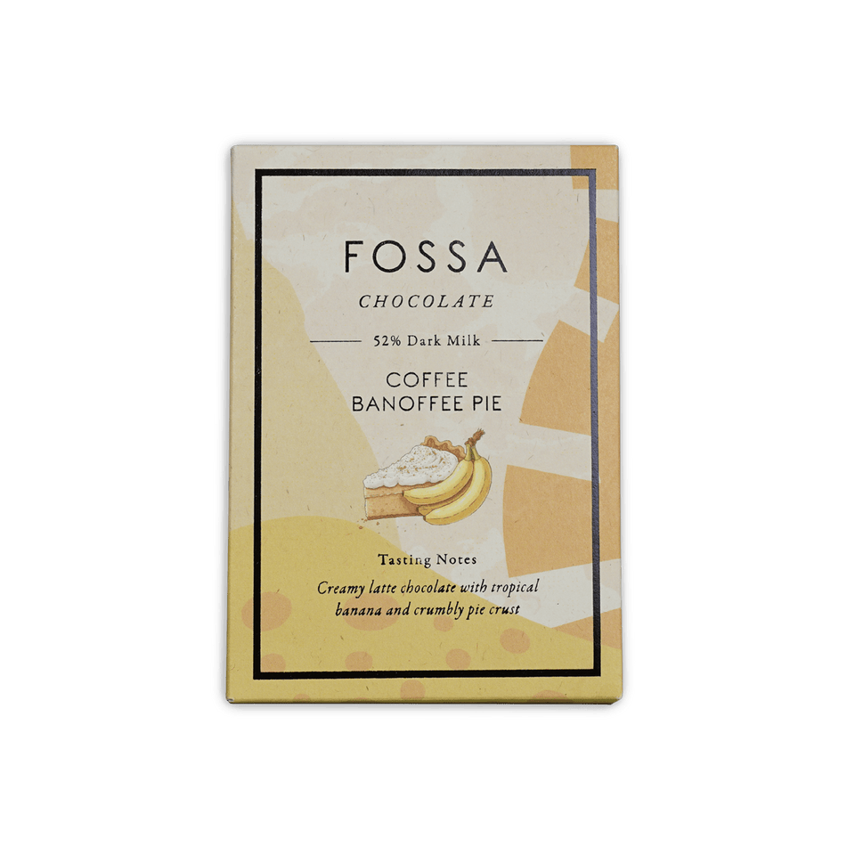 Fossa Coffee Banoffee Pie 52% dark milk bar in cream gold foil wrapper