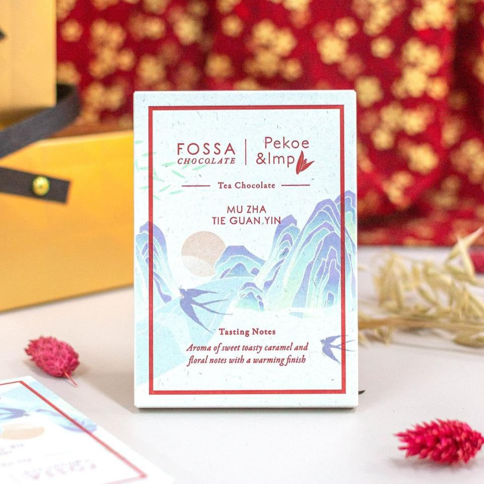 Fossa Dark Chocolate Tie Guan Yin Tea 62% limited edition box with mountains design