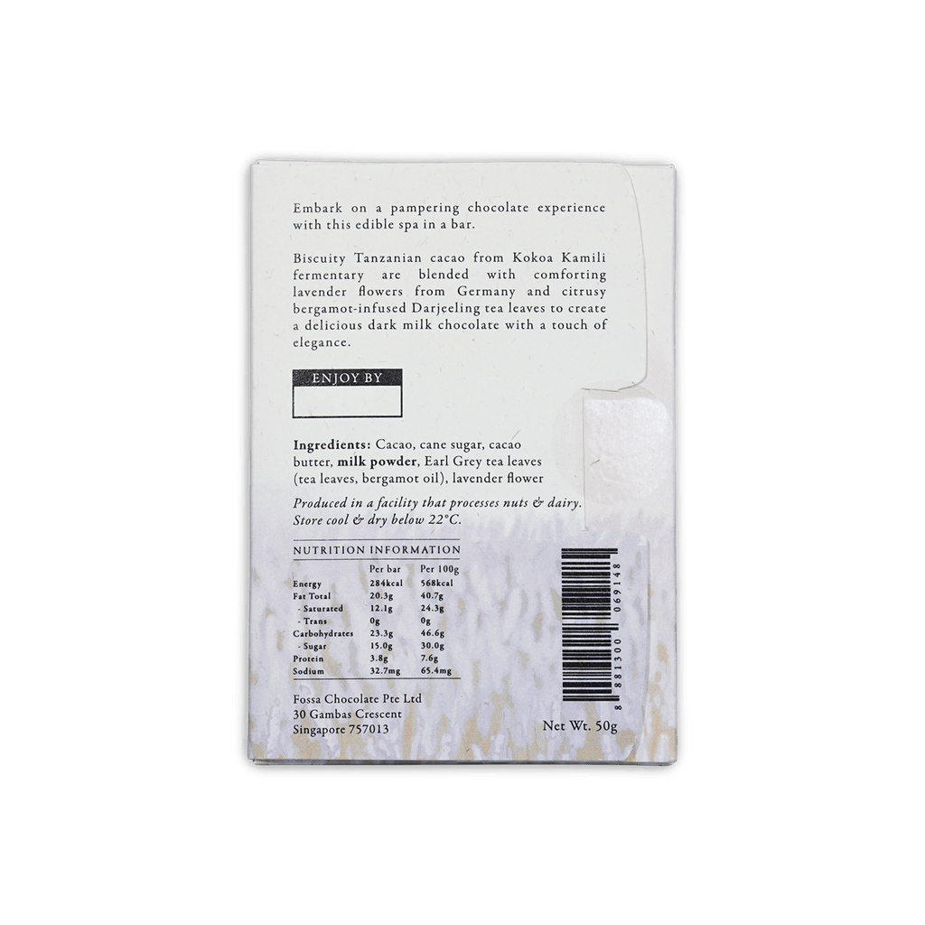 Back of Fossa Earl Grey Lavender Dark Milk Chocolate 54% wrapper with ingredients