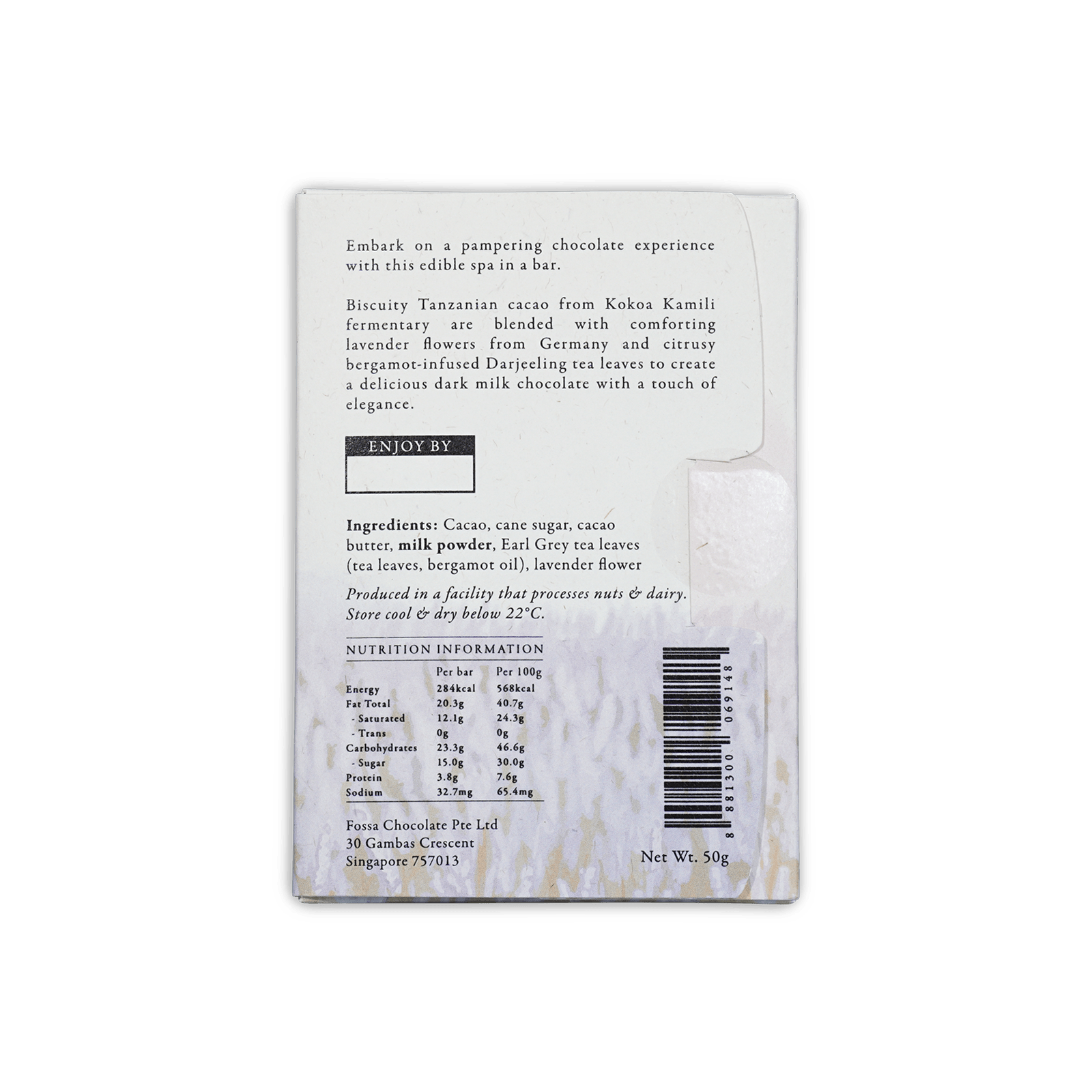 Back of Fossa Earl Grey Lavender Dark Milk Chocolate 54% wrapper with ingredients