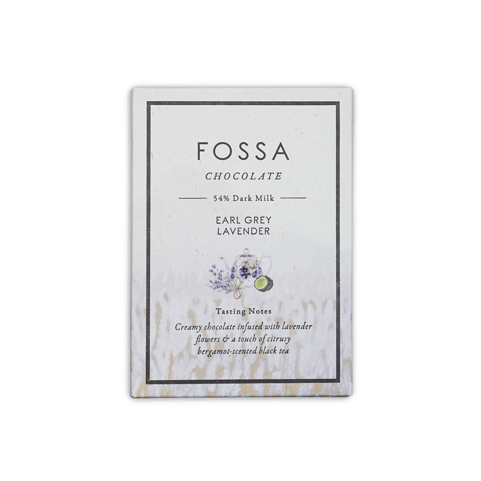 Fossa Earl Grey Lavender 54% dark milk chocolate bar in white box