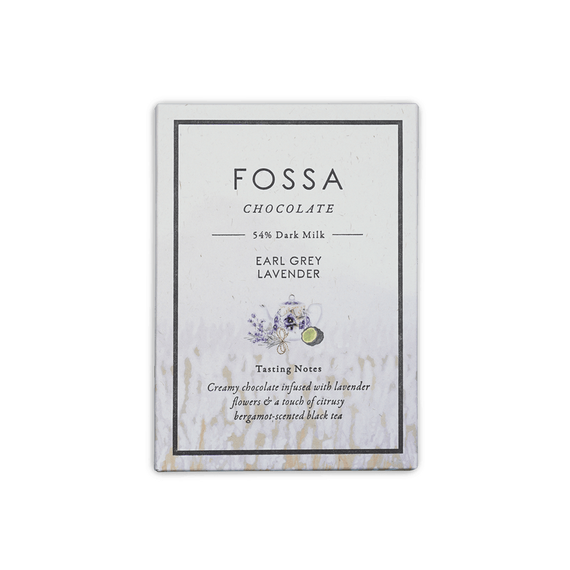 Fossa Earl Grey Lavender 54% dark milk chocolate bar in white box