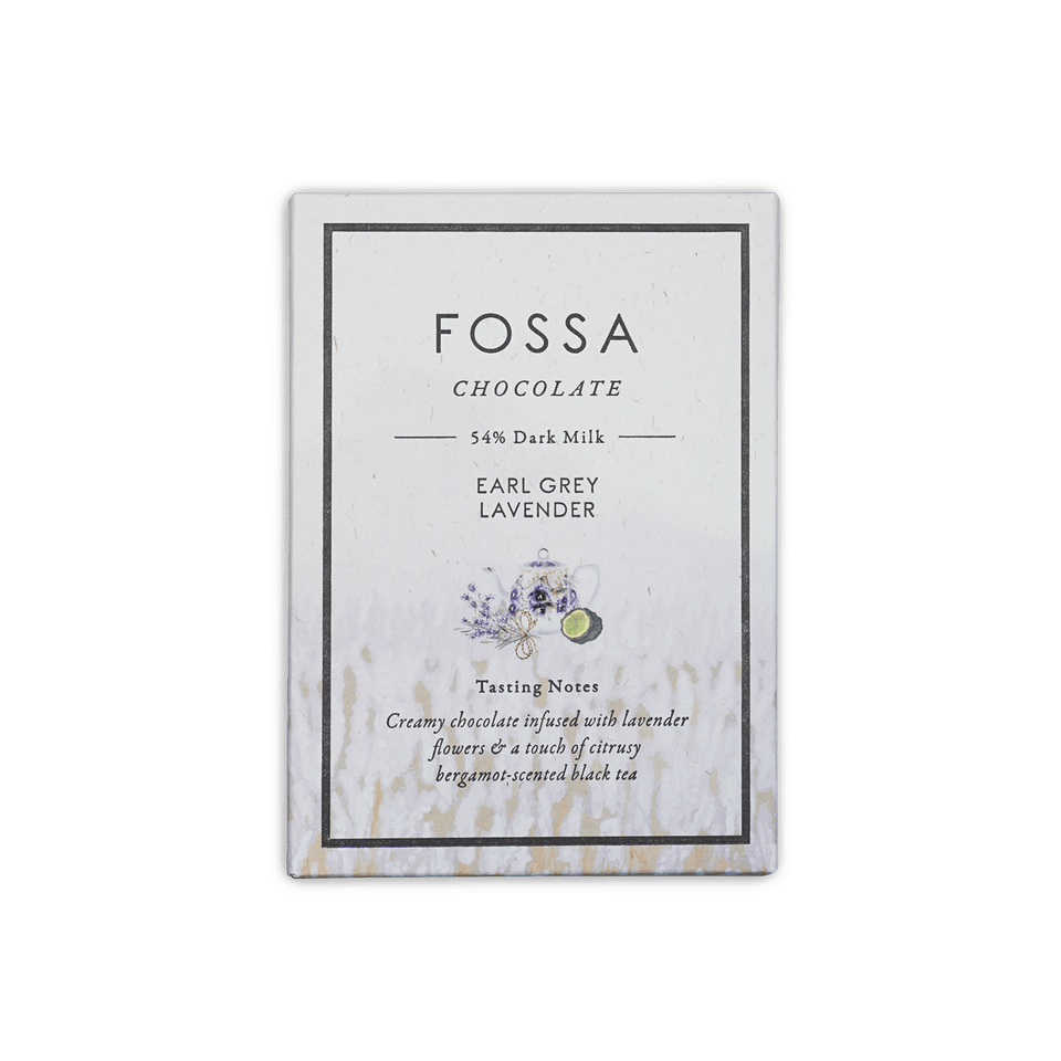 Fossa Earl Grey Lavender 54% dark milk chocolate bar in white box