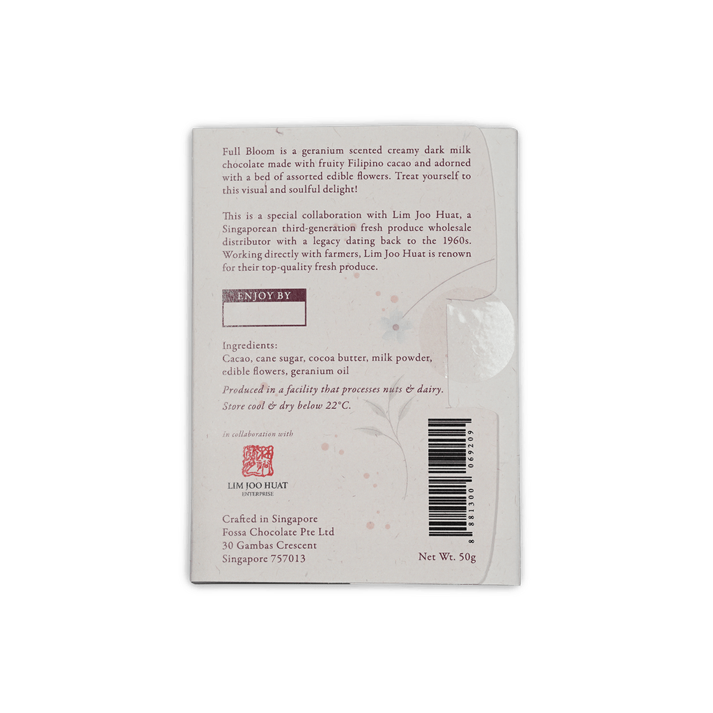 Fossa Full Bloom Dark Milk Chocolate 54% geranium-scented bar wrapper