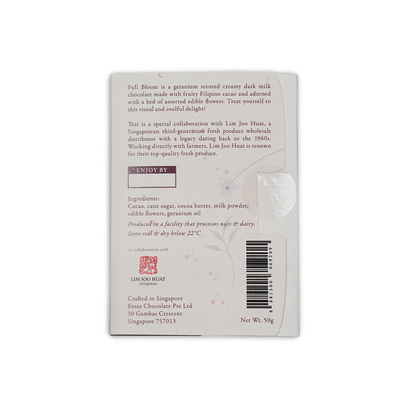 Fossa Full Bloom Dark Milk Chocolate 54% geranium-scented bar wrapper