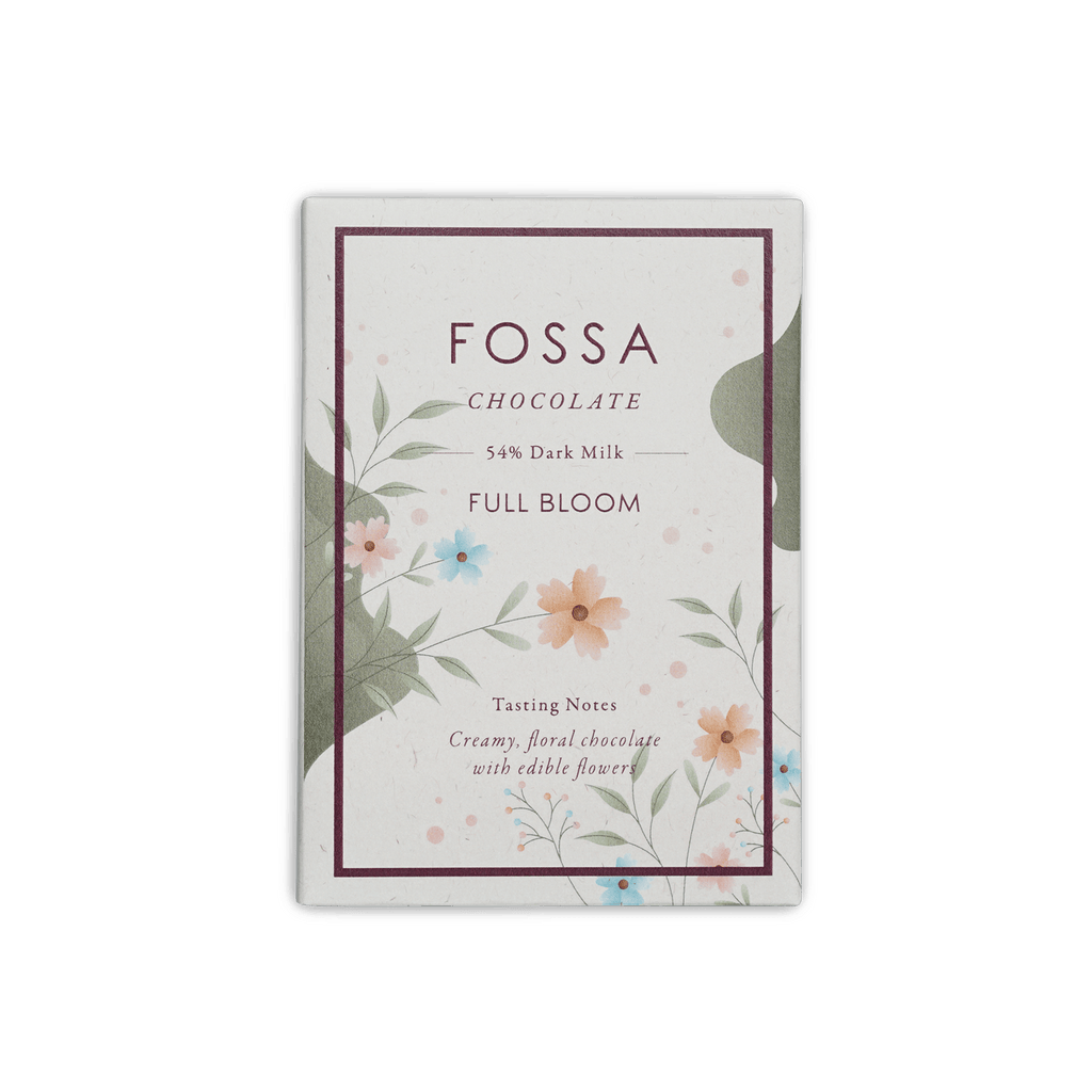 Fossa Full Bloom 54% dark milk chocolate bar in white floral box