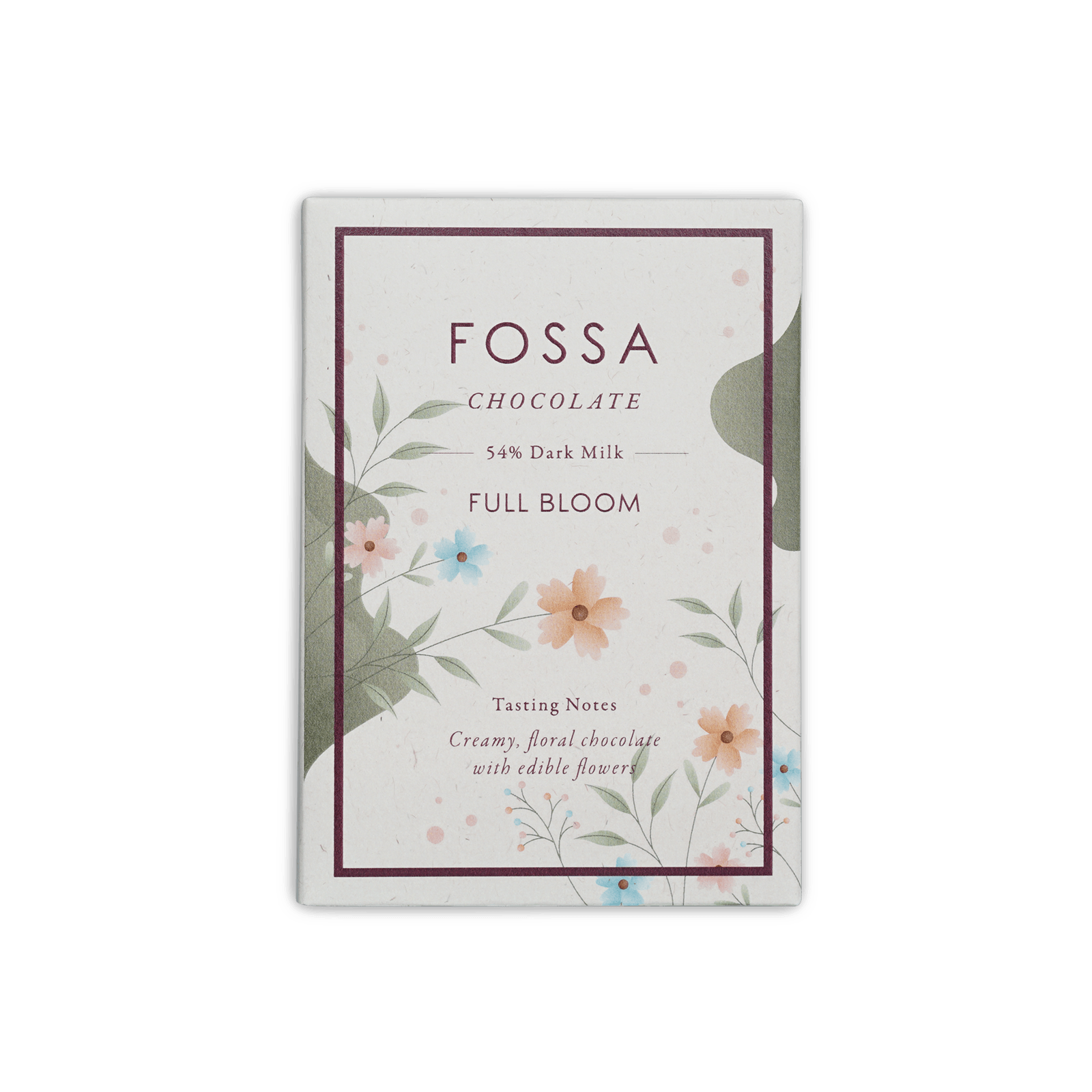 Fossa Full Bloom 54% dark milk chocolate bar in white floral box