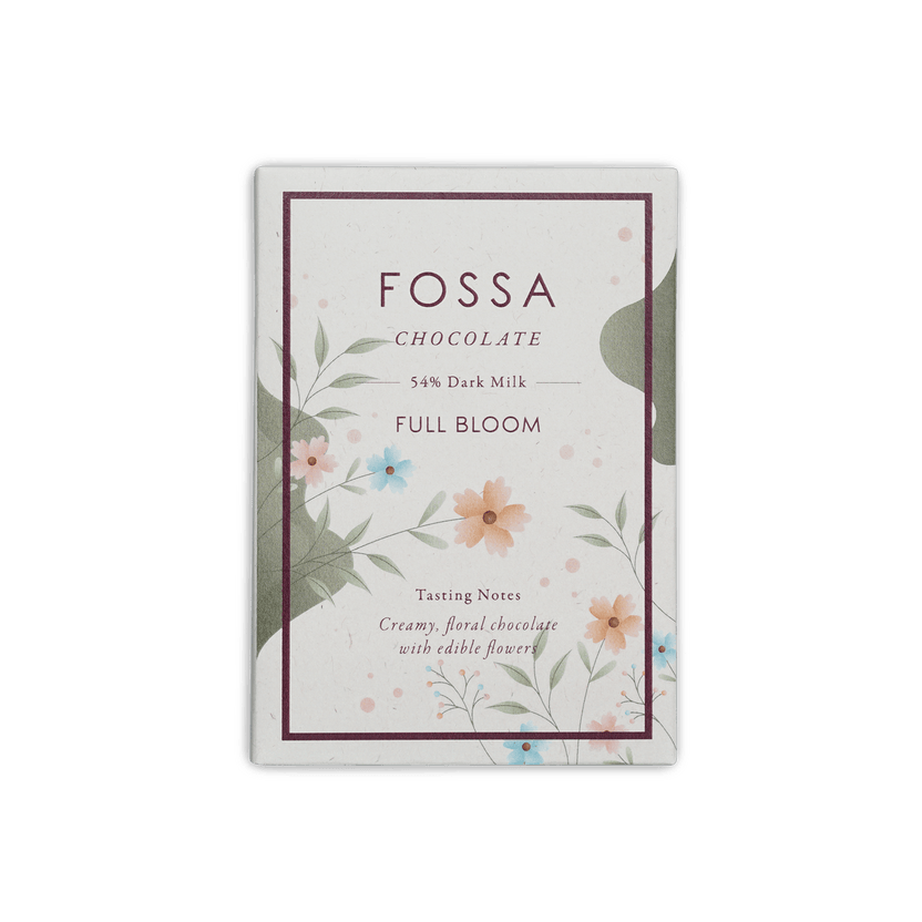 Fossa Full Bloom 54% dark milk chocolate bar in white floral box