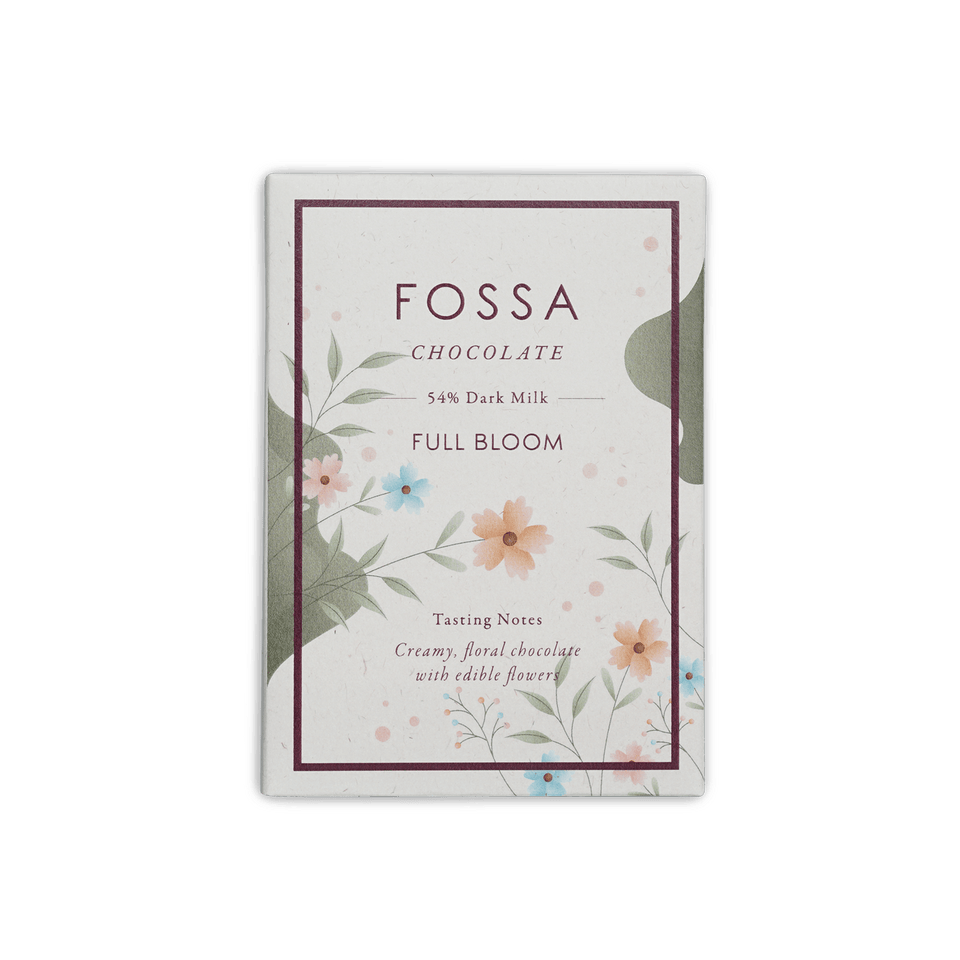 Fossa Full Bloom 54% dark milk chocolate bar in white floral box