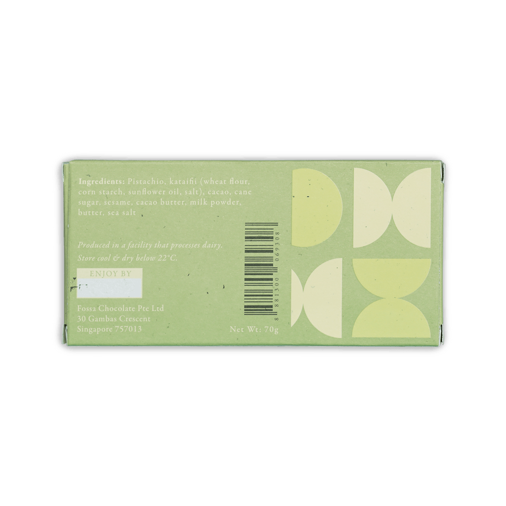 Back of Fossa Milk Pistachio Meltaway Knafeh: light green box with white patterns