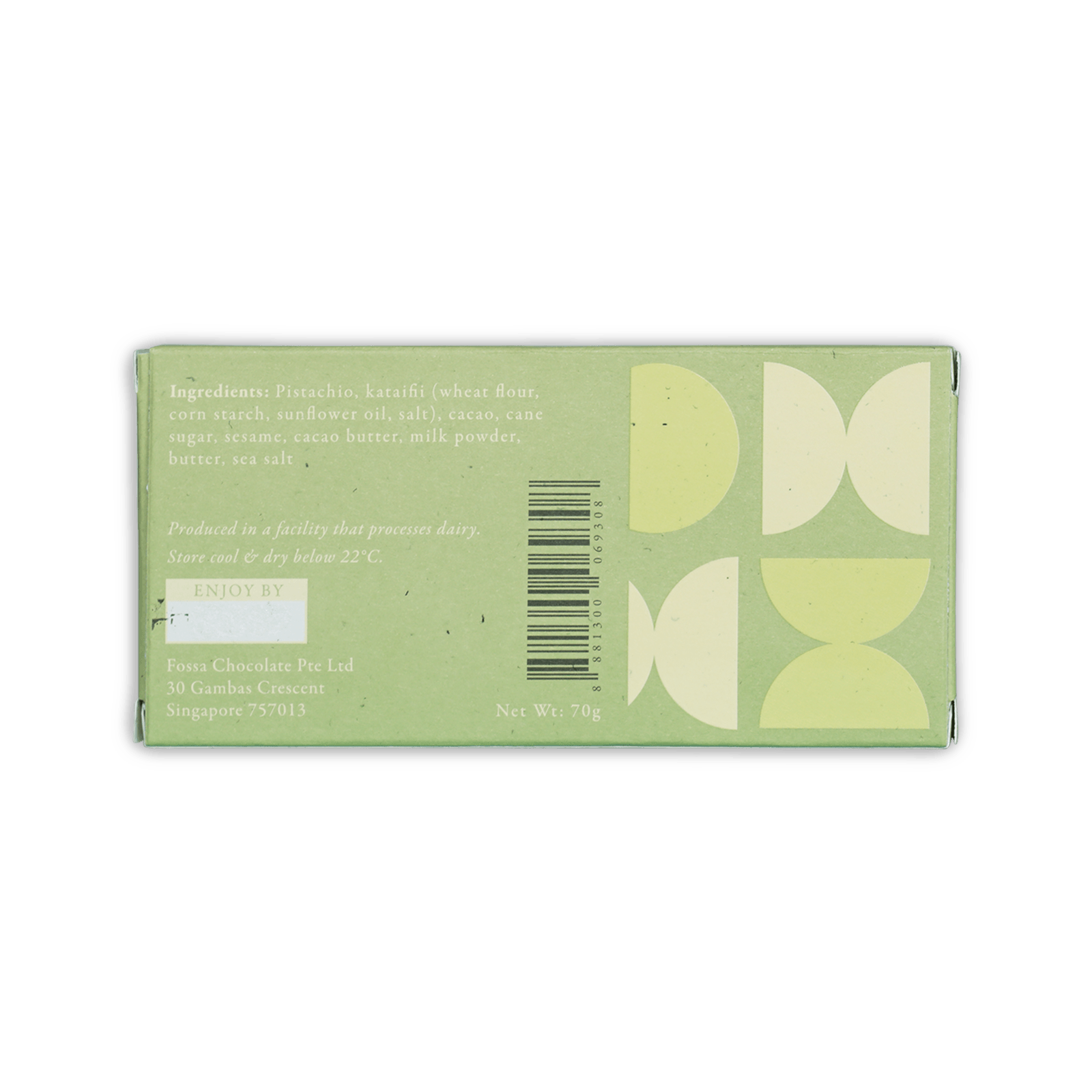 Back of Fossa Milk Pistachio Meltaway Knafeh: light green box with white patterns