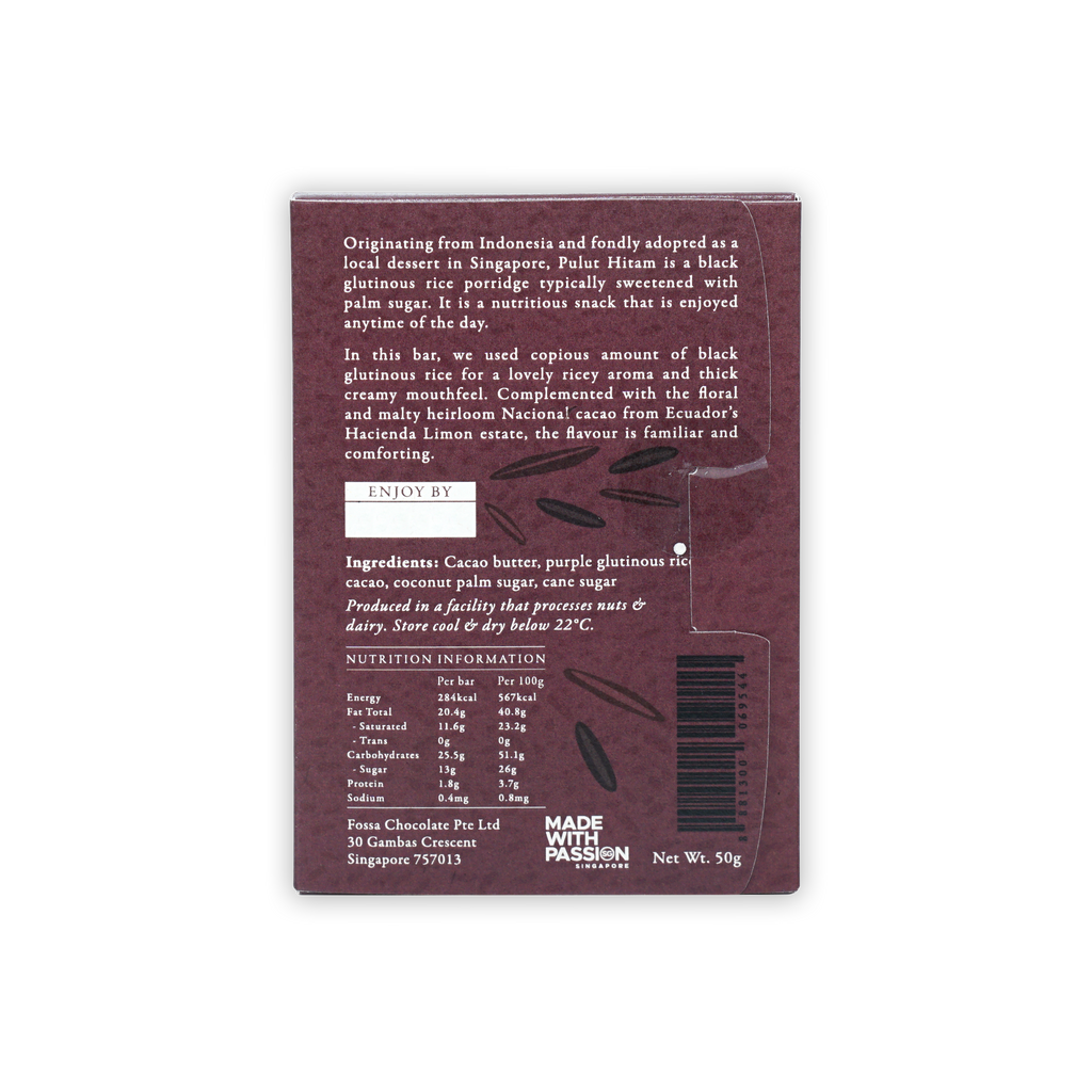 Back of Fossa Milk Chocolate Pulut Hitam 44% dark maroon wrapper with ingredients