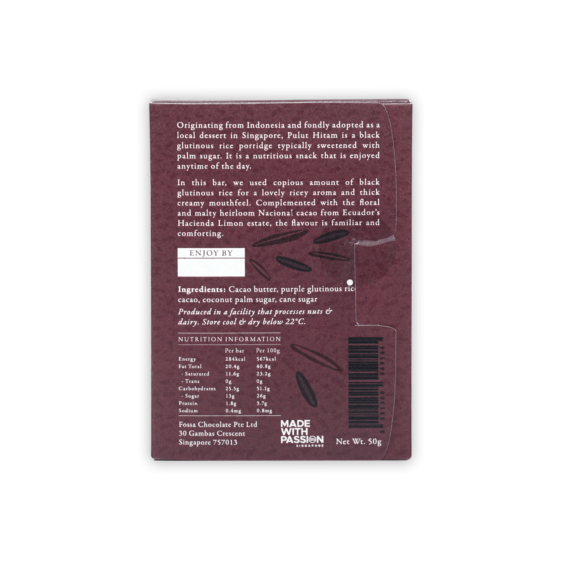 Back of Fossa Milk Chocolate Pulut Hitam 44% dark maroon wrapper with ingredients