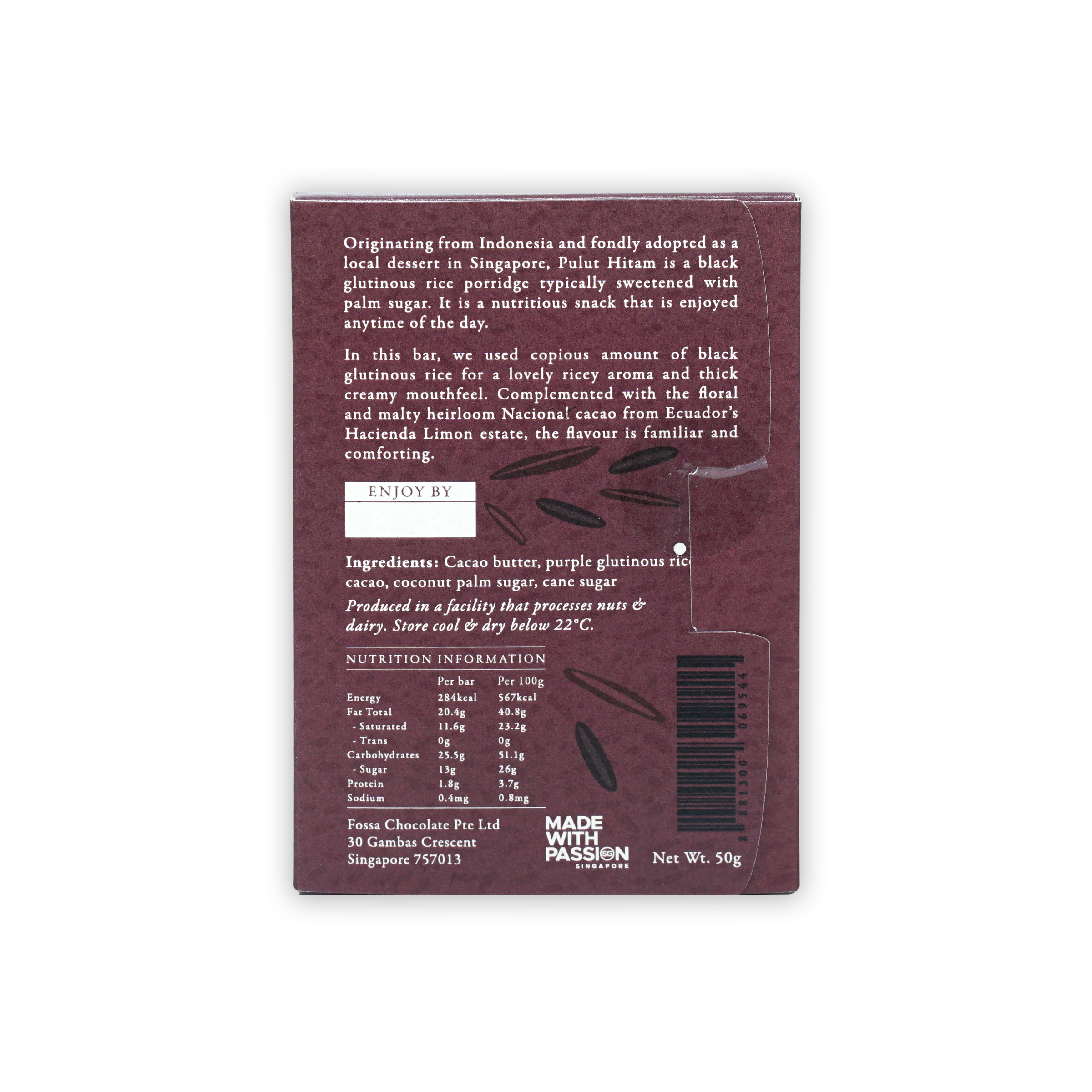 Back of Fossa Milk Chocolate Pulut Hitam 44% dark maroon wrapper with ingredients