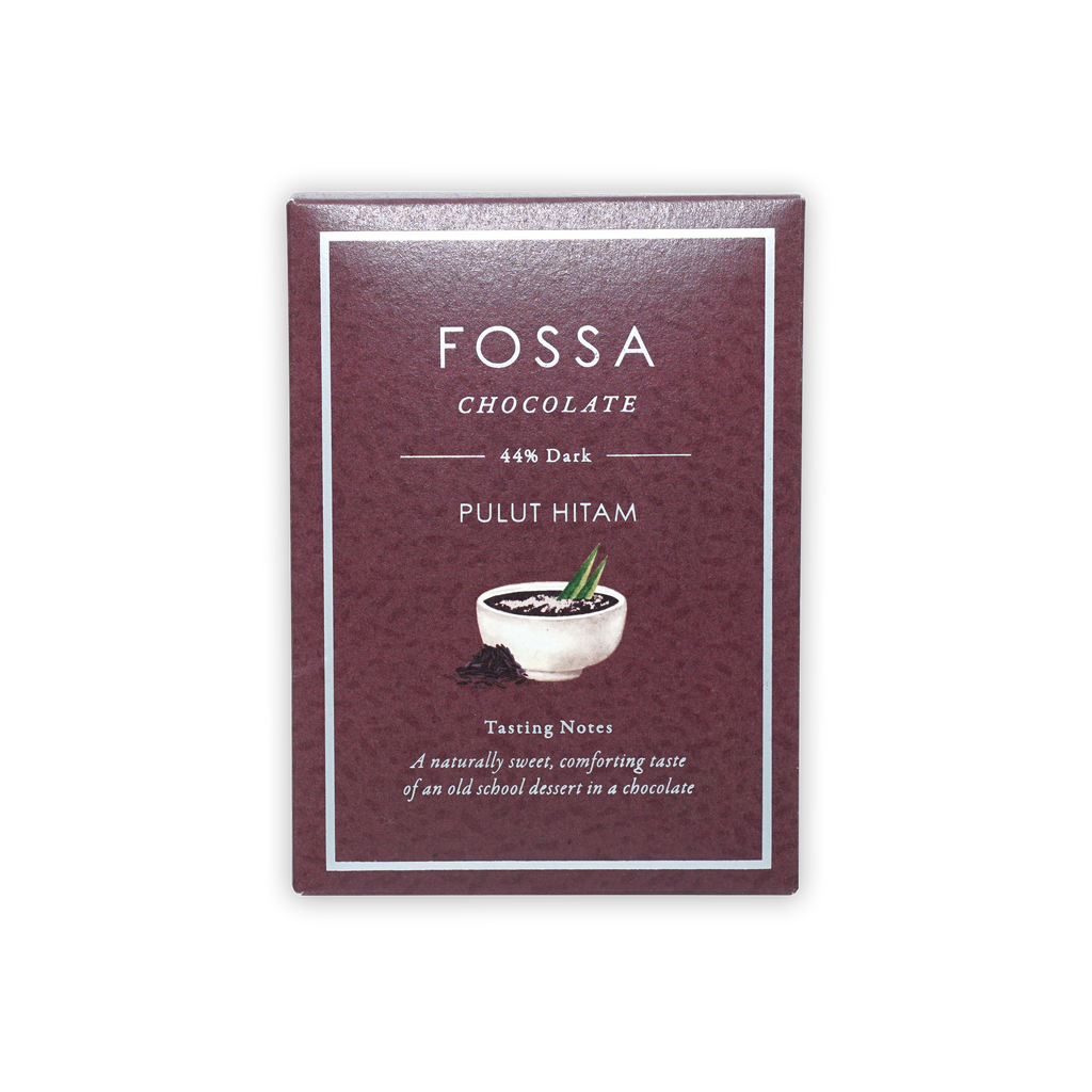 Fossa Milk Chocolate Pulut Hitam 44% maroon bar with bowl and leaf