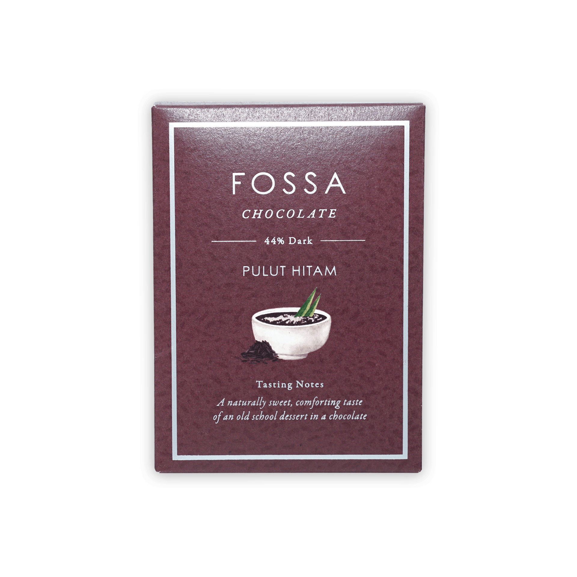 Fossa Milk Chocolate Pulut Hitam 44% maroon bar with bowl and leaf