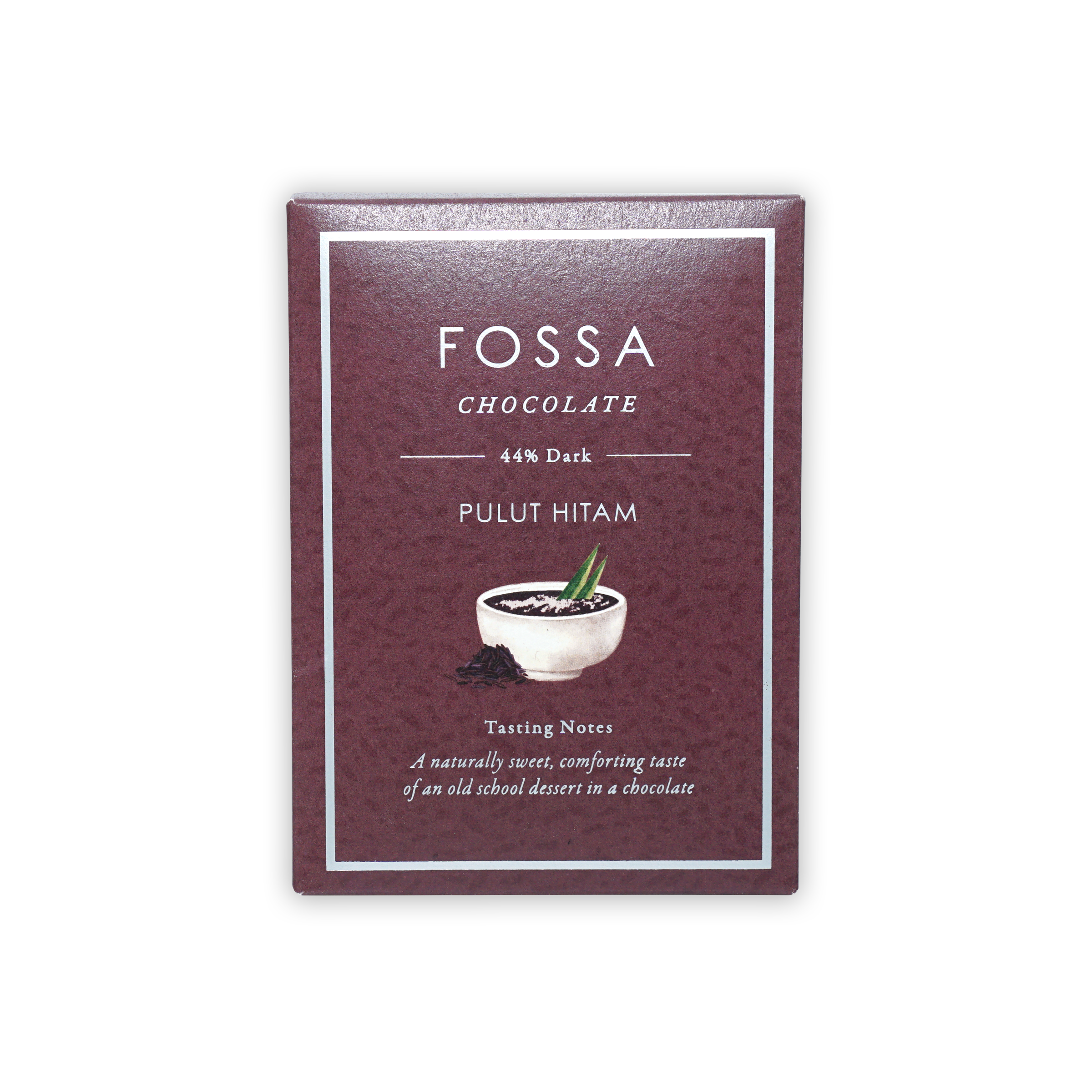 Fossa Milk Chocolate Pulut Hitam 44% maroon bar with bowl and leaf