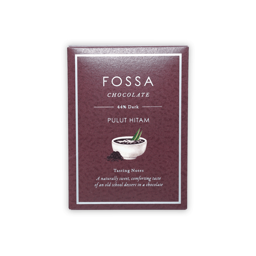 Fossa Milk Chocolate Pulut Hitam 44% maroon bar with bowl and leaf