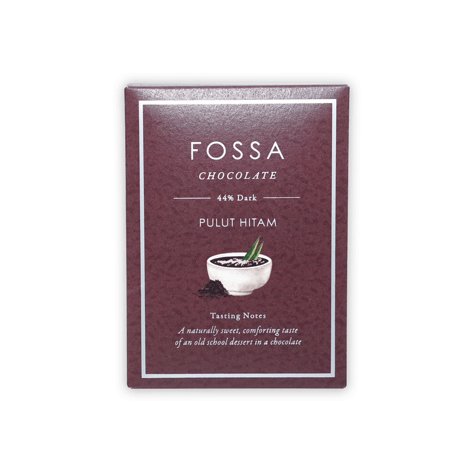 Fossa Milk Chocolate Pulut Hitam 44% maroon bar with bowl and leaf