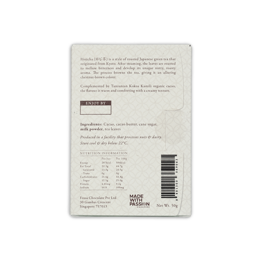 Fossa Uji Houjicha Tea Milk Chocolate 53% white package with barcode