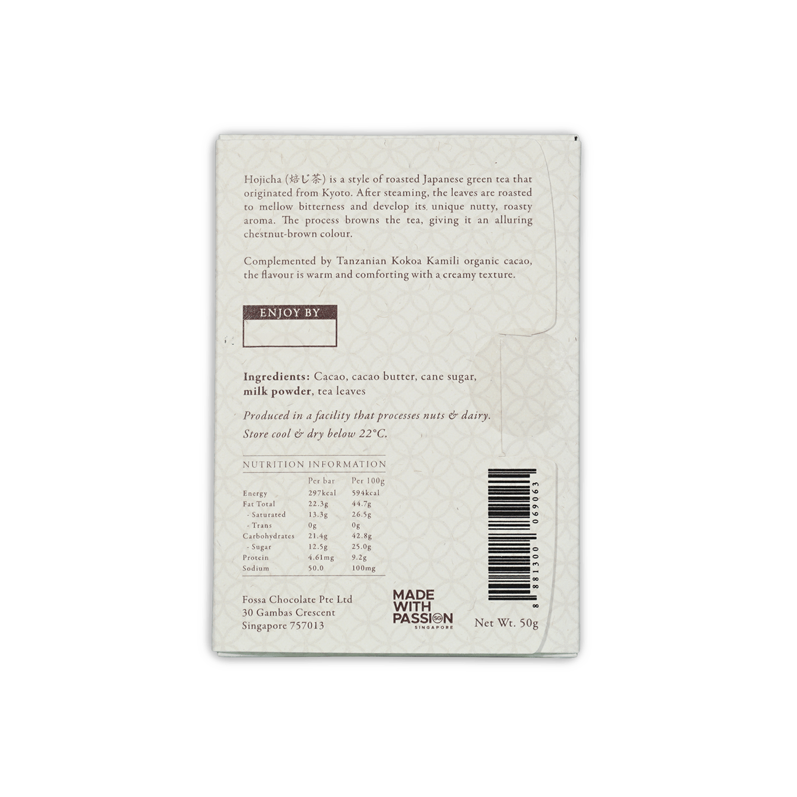 Fossa Uji Houjicha Tea Milk Chocolate 53% white package with barcode